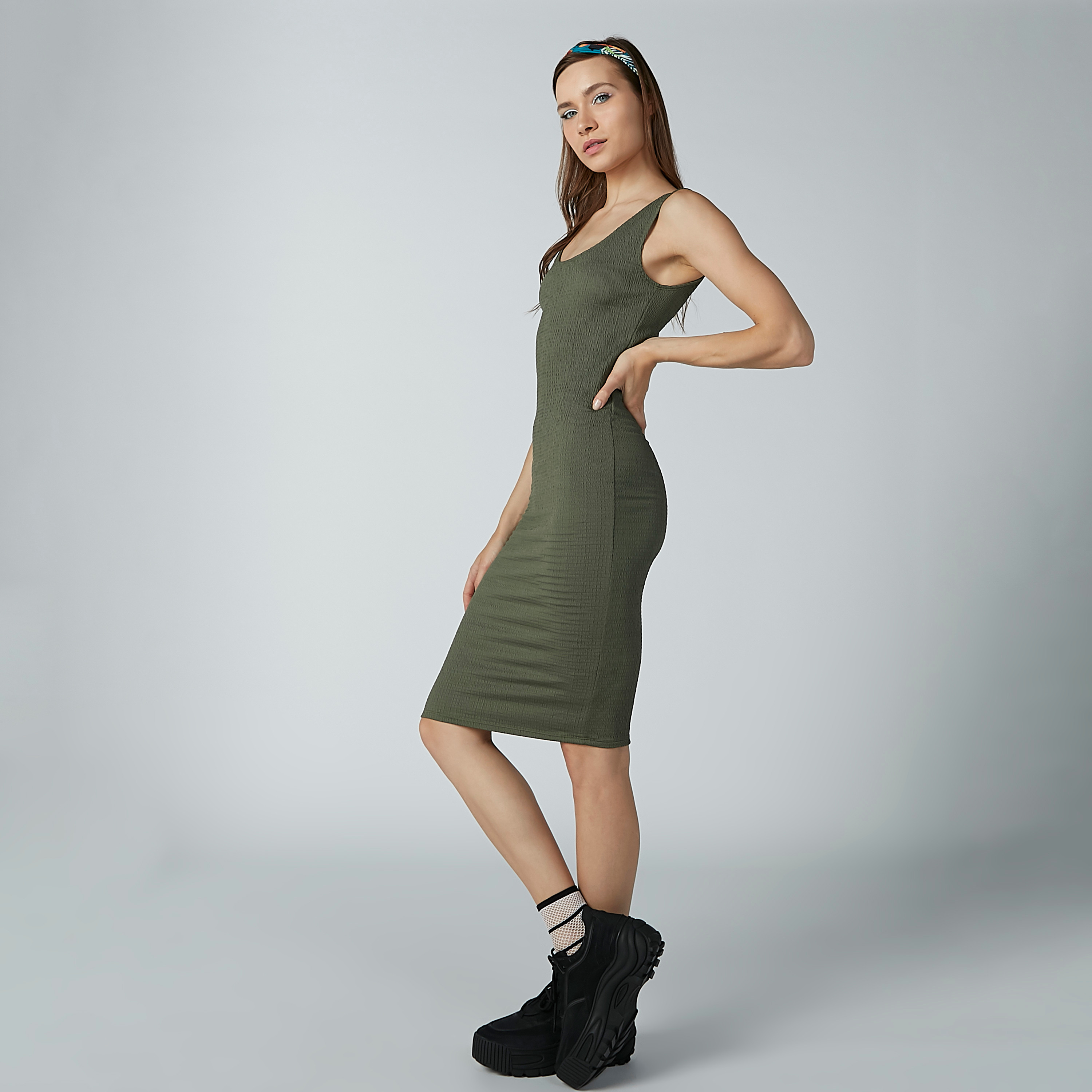 Buy Textured Midi Sleeveless Bodycon Dress with Scoop Neck