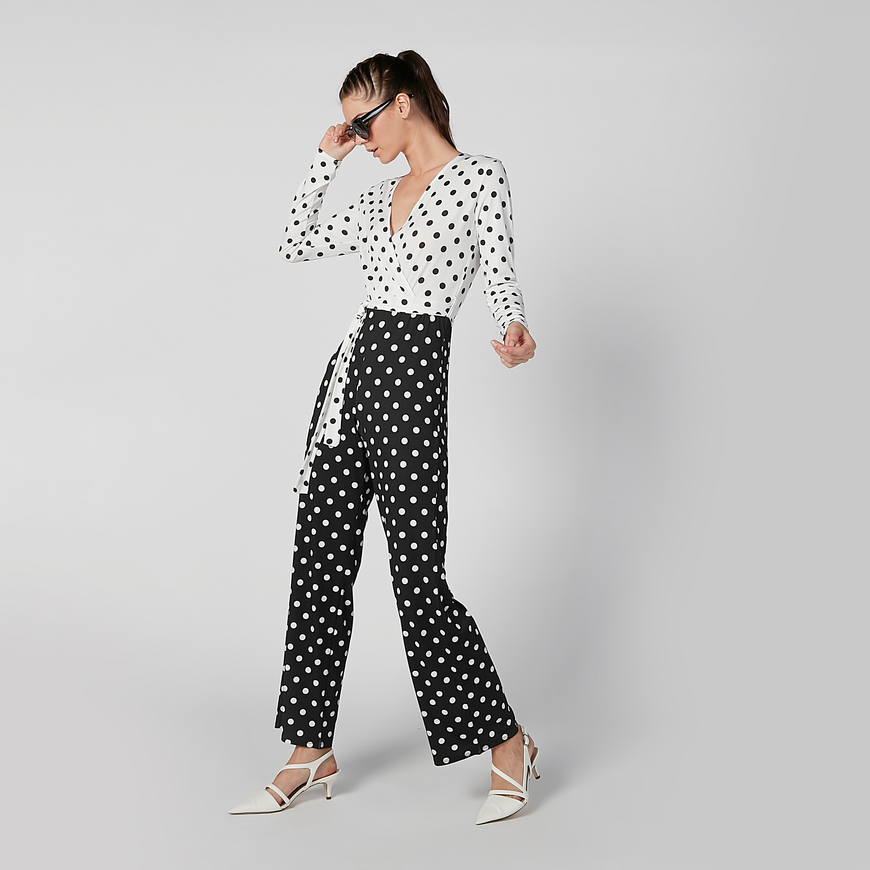 Polka dot jumpsuit long hot sale sleeve