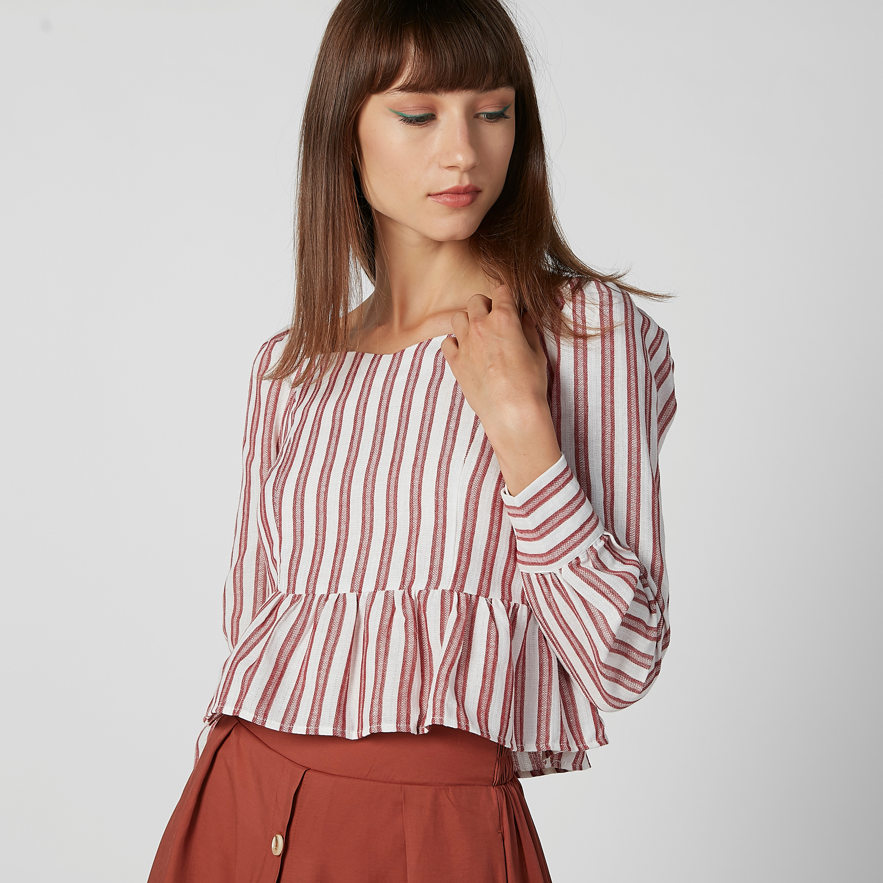 Long sleeve cheap striped peplum top