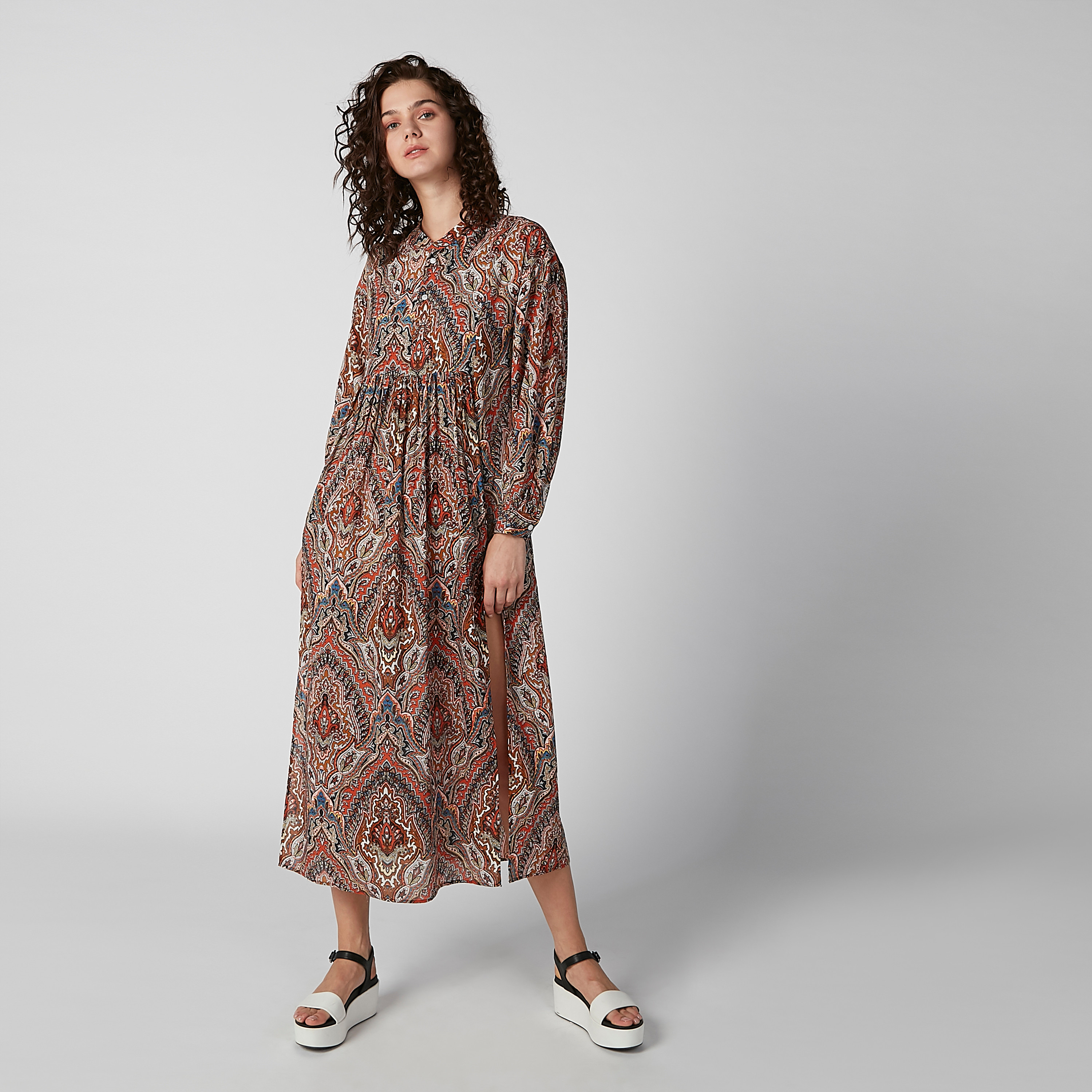 Printed Midi A-line Dress with Long Sleeves and Side Slit-women-clothing-dresses-image-1
