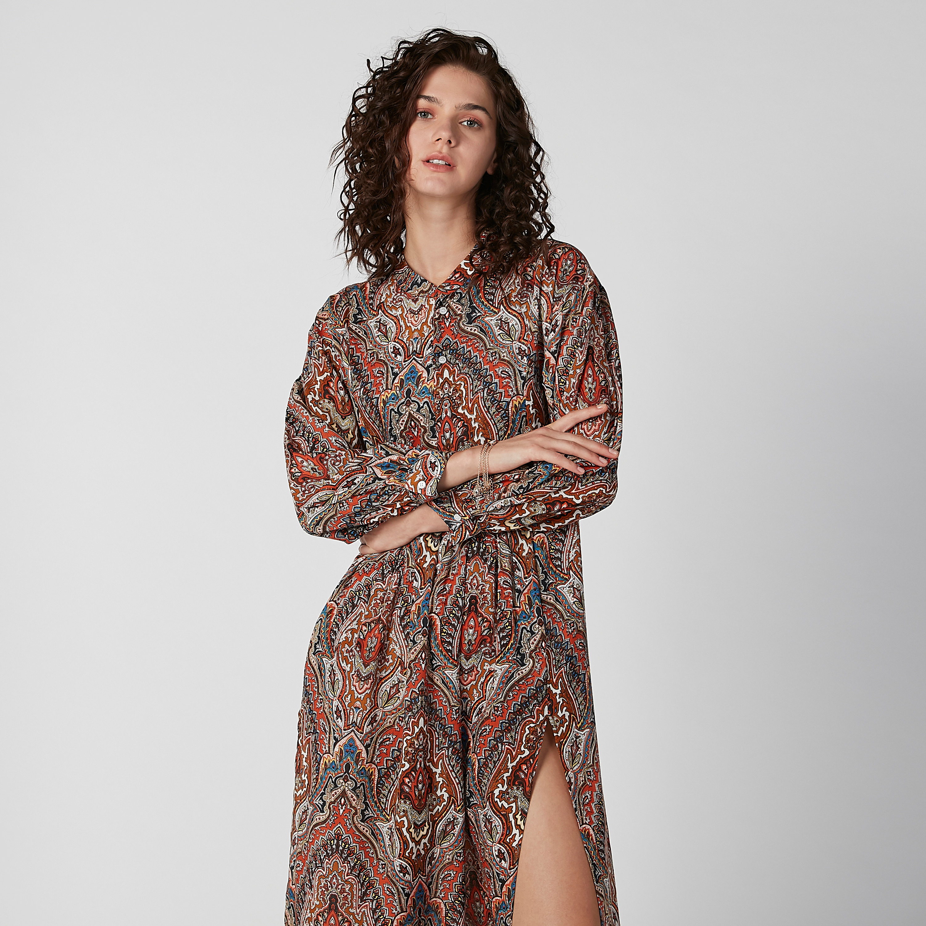Printed Midi A-line Dress with Long Sleeves and Side Slit-women-clothing-dresses-image-2