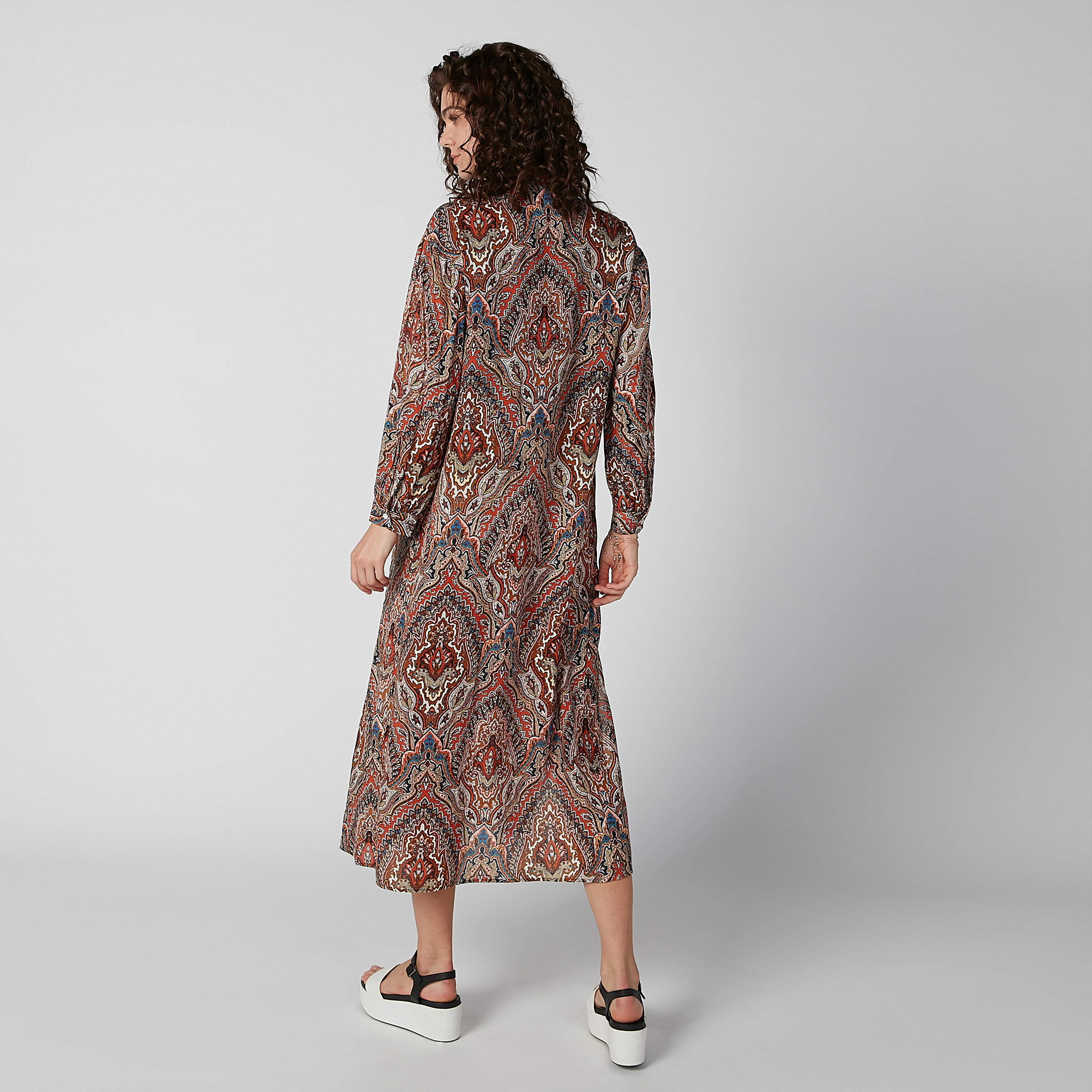 Printed Midi A-line Dress with Long Sleeves and Side Slit-women-clothing-dresses-image-3