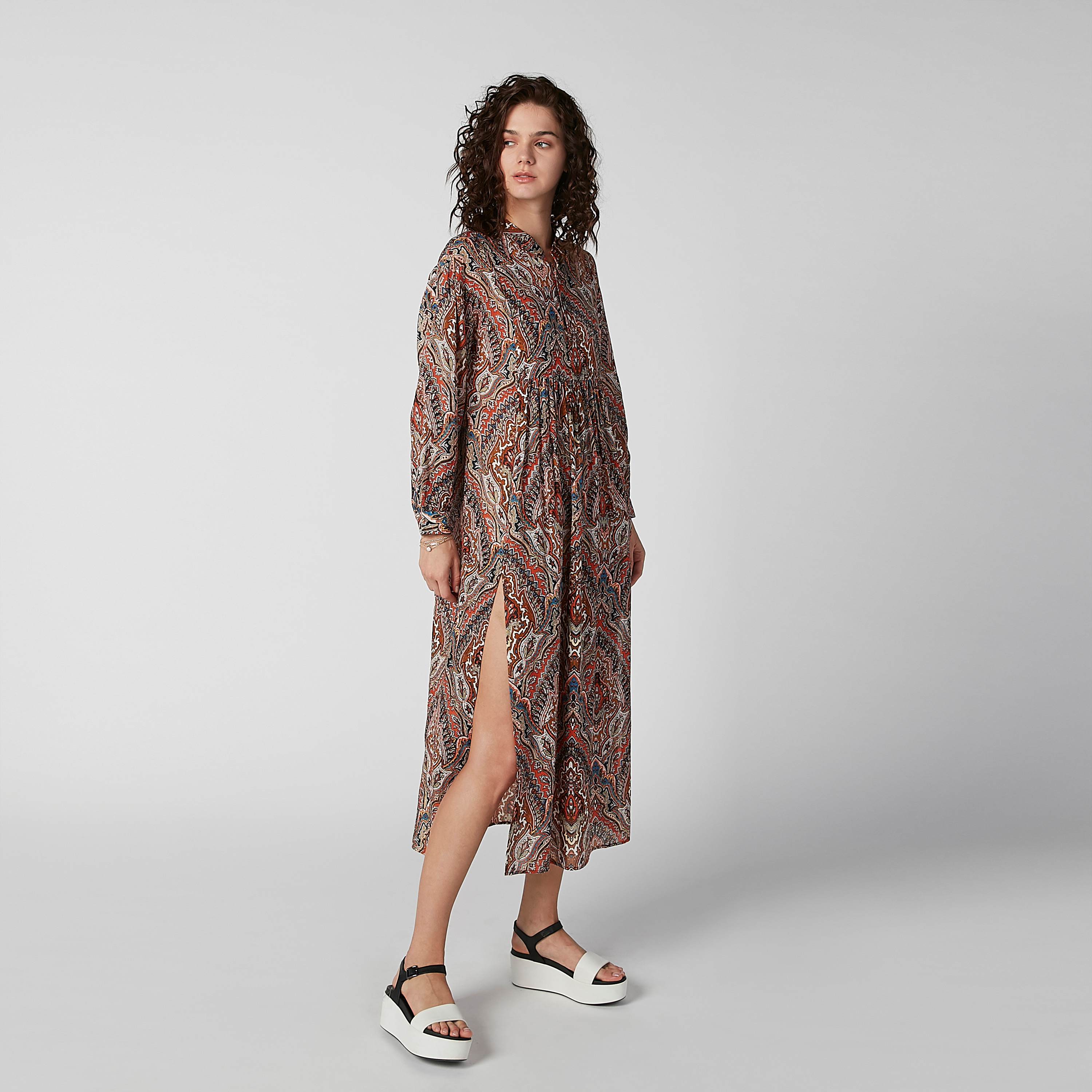 Printed Midi A-line Dress with Long Sleeves and Side Slit-women-clothing-dresses-image-4