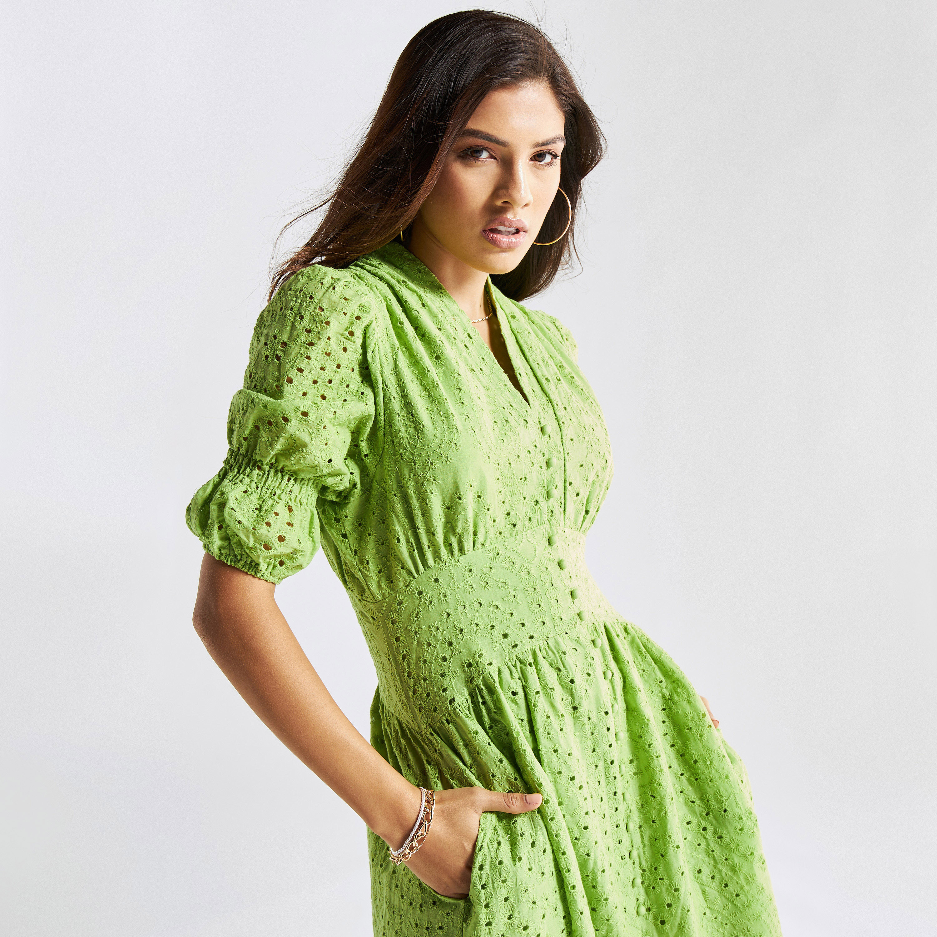 All Over Schiffli Embroidered Dress with Puff Sleeves and Pockets