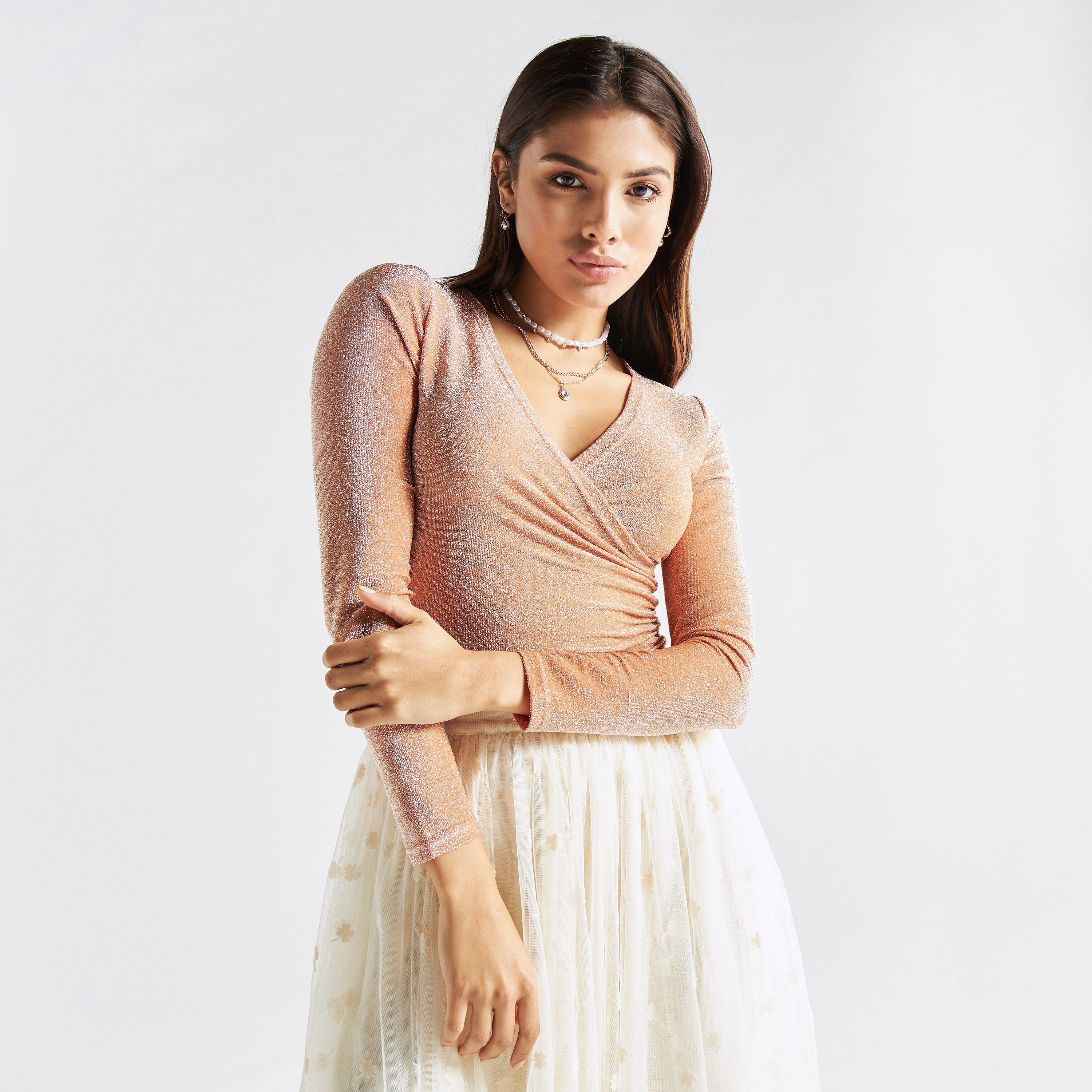 Buy Textured Wrap Bodysuit with Long Sleeves Splash UAE