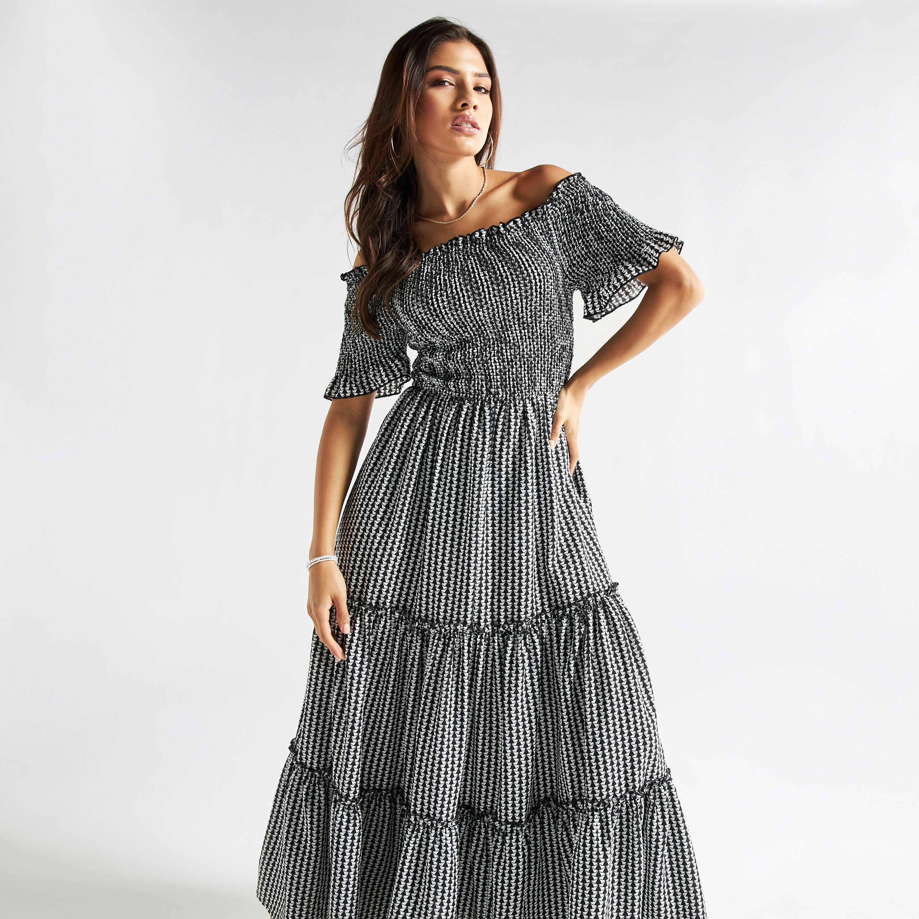 Buy All Over Print Tiered Off Shoulder Maxi Dress with Pockets