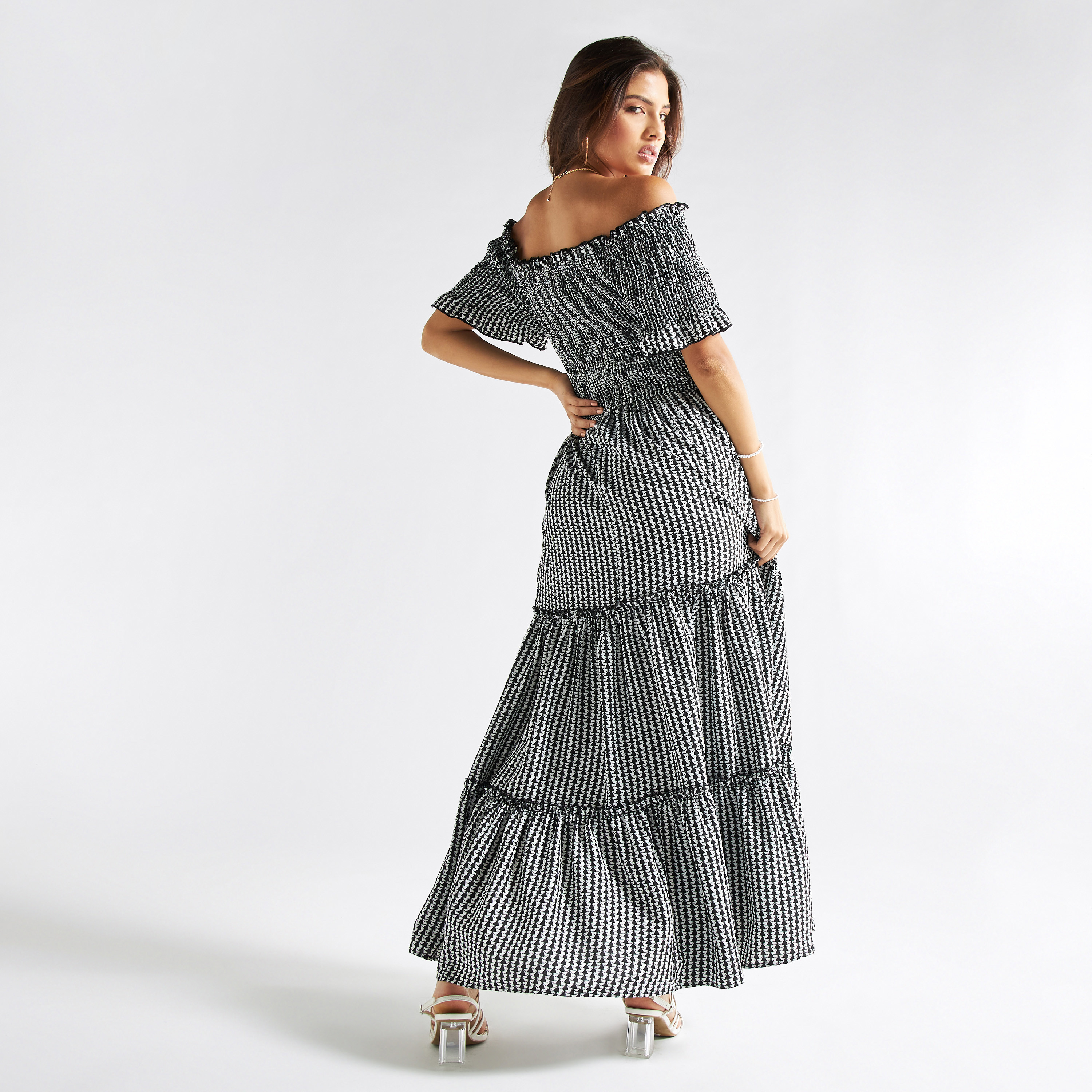 Buy All Over Print Tiered Off Shoulder Maxi Dress with Pockets