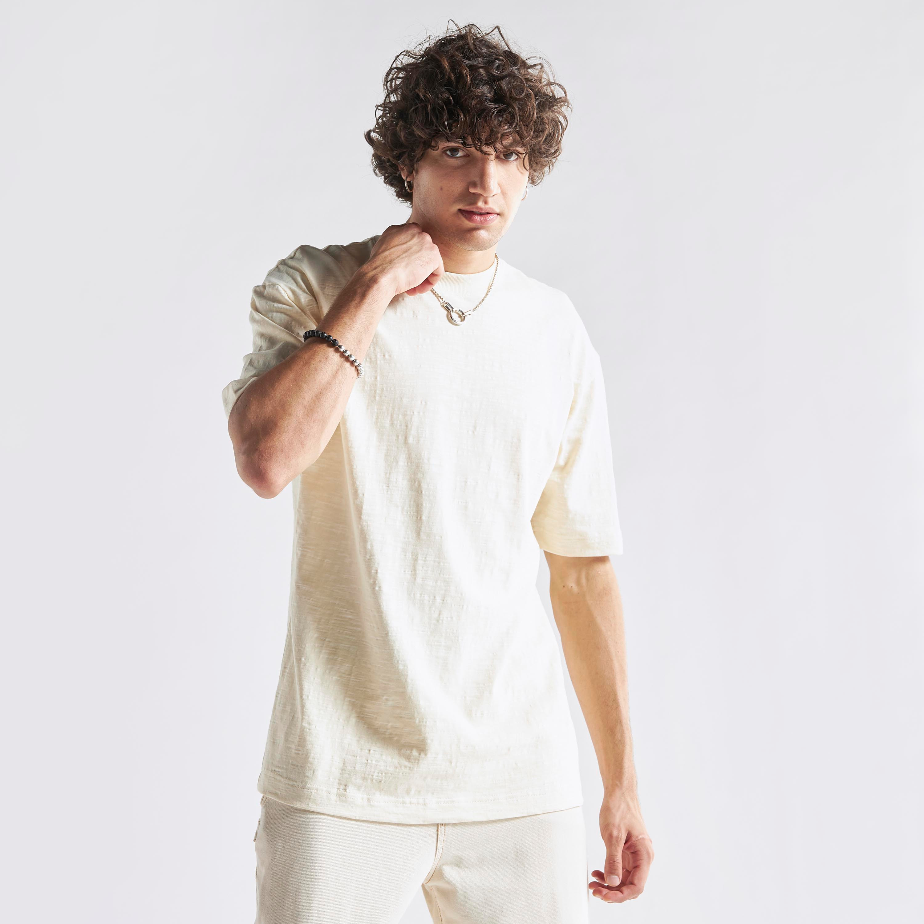Textured Oversized T-shirt with Crew Neck and Short Sleeves-men-clothing-tshirtsandpolos-tshirts-image-1