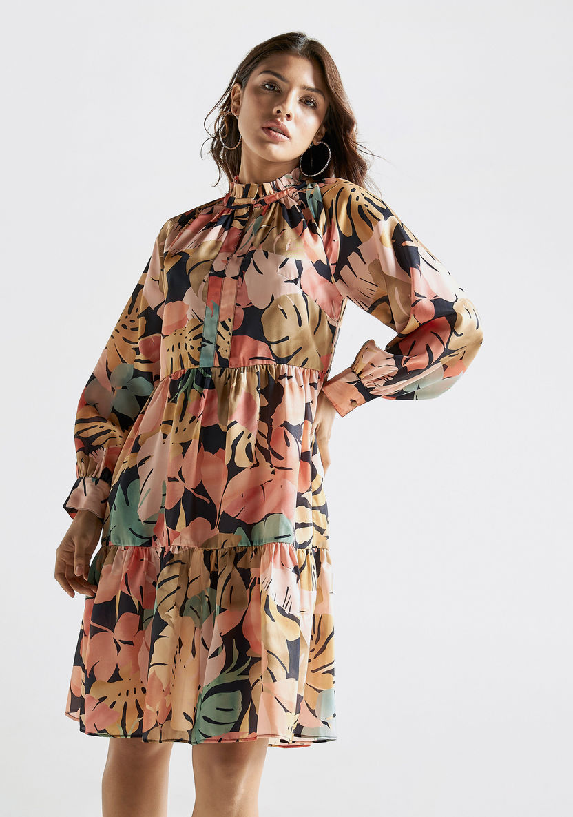 Buy All-Over Tropical Print High Neck Dress with Long Sleeves | Splash UAE