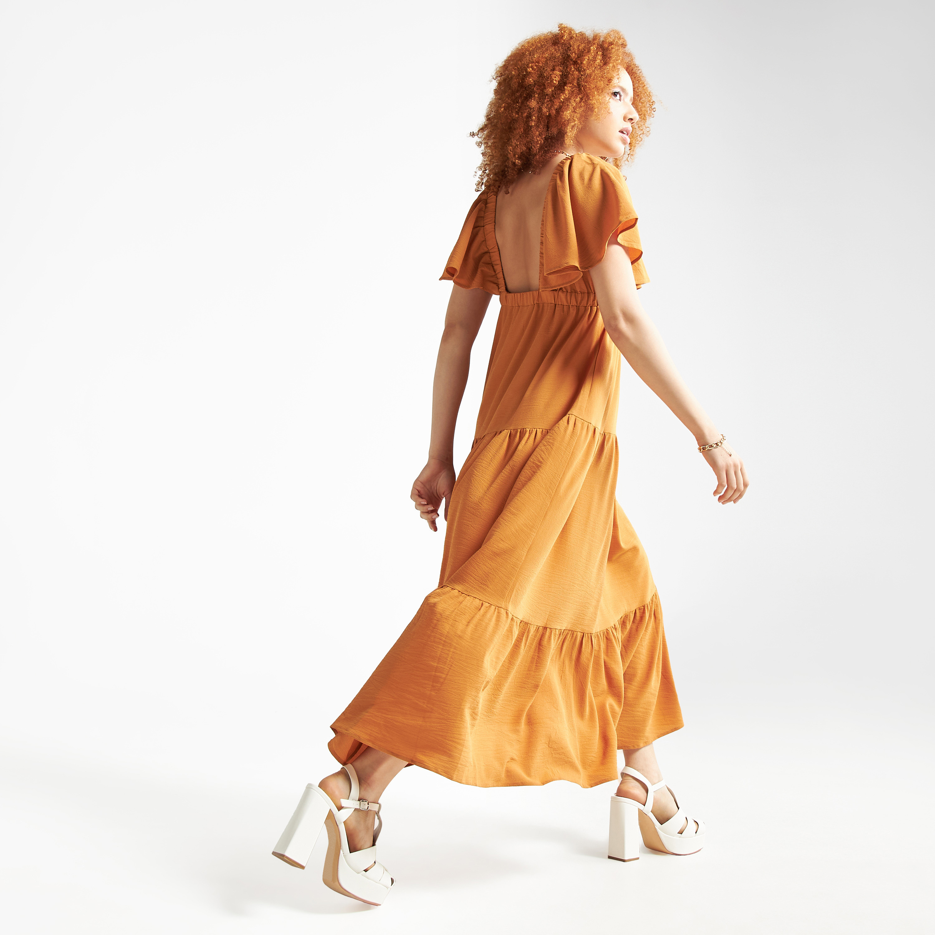 Solid Georgette Maxi Tiered Dress with V-neck and Extended Flares Sleeves-women-clothing-dresses-image-4