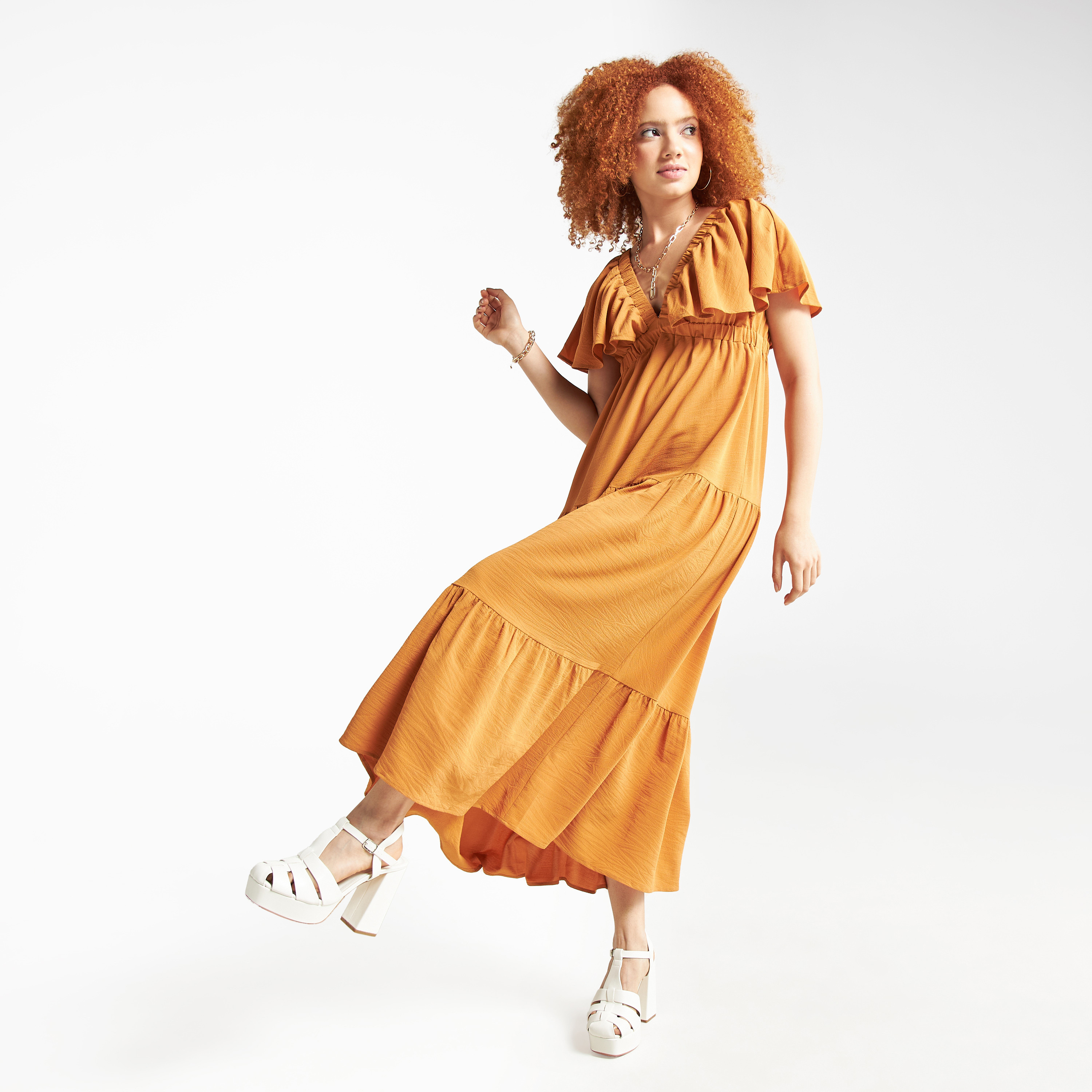 Solid Georgette Maxi Tiered Dress with V-neck and Extended Flares Sleeves-women-clothing-dresses-image-2