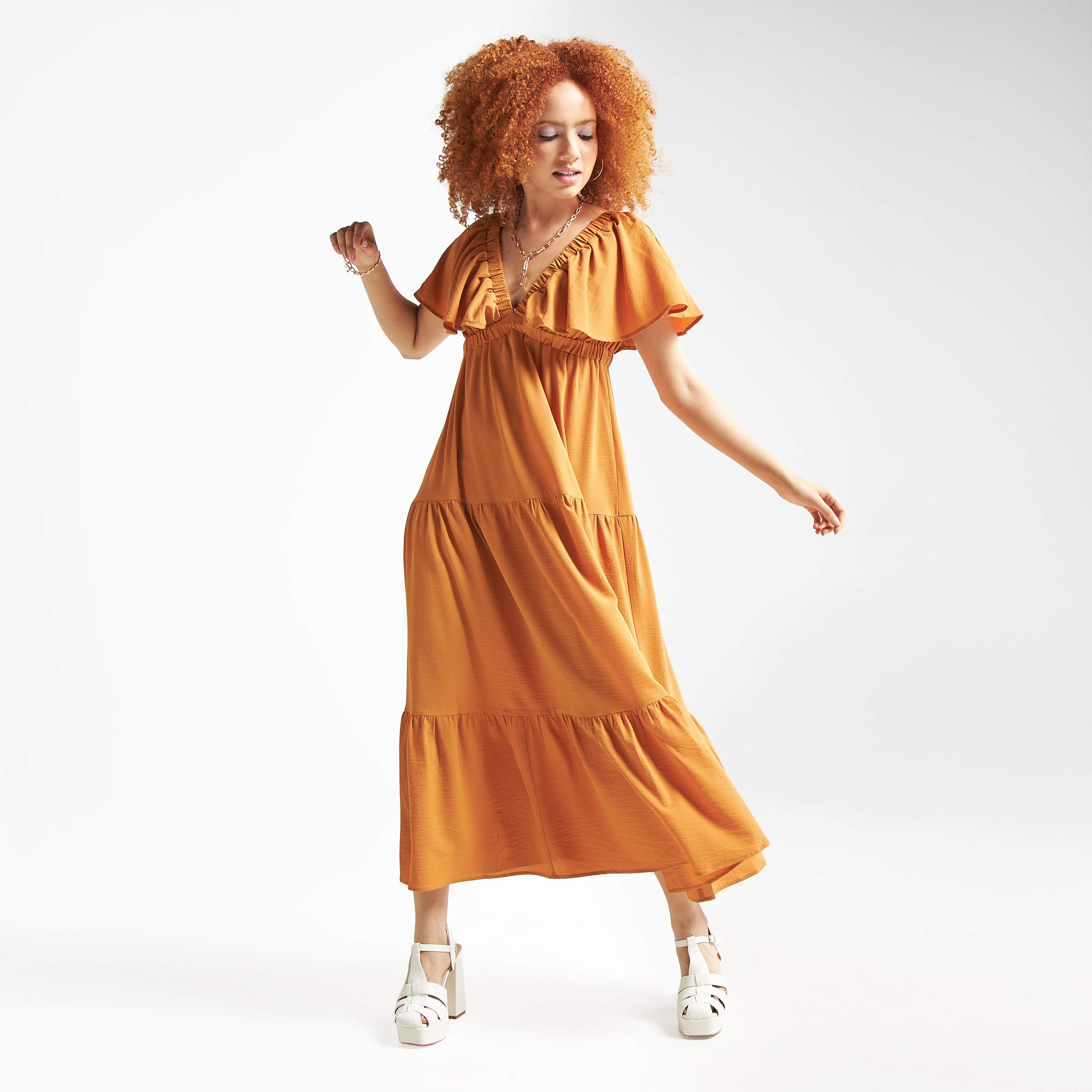 Solid Georgette Maxi Tiered Dress with V-neck and Extended Flares Sleeves-women-clothing-dresses-image-1