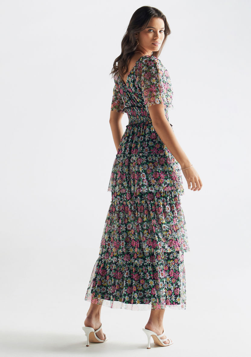 Buy All-Over Floral Print Diamond Neck Maxi Dress with Flutter Sleeves ...