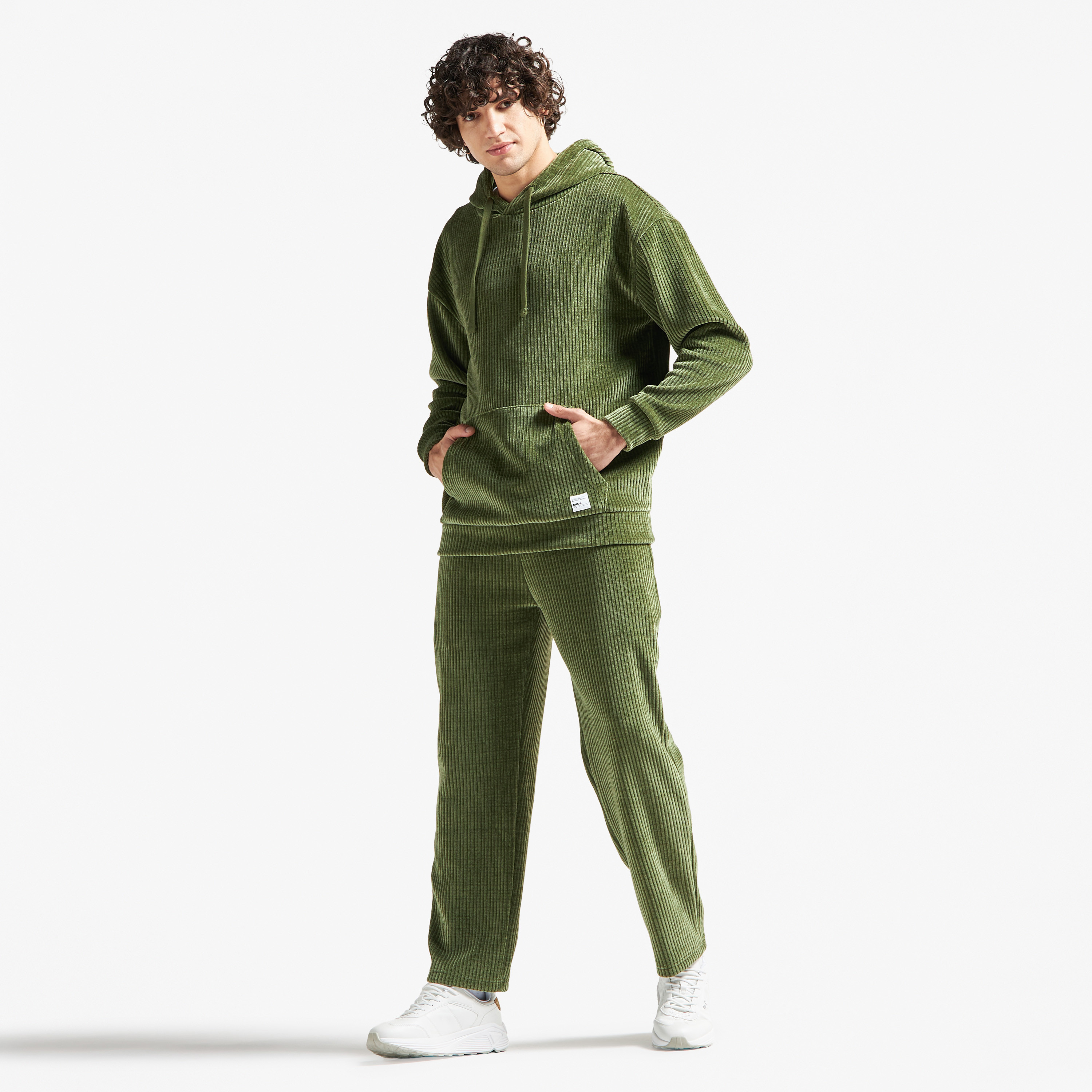 Textured Corduroy Hoodie with Long Sleeves and Kangaroo Pocket-men-winterwear-hoodiesandsweatshirts-image-2