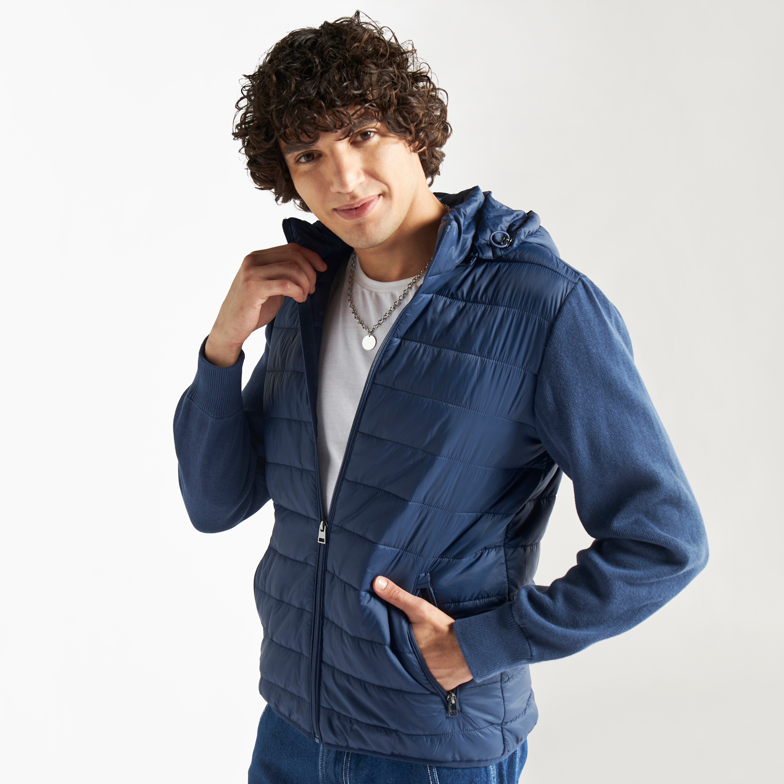 Shop Hooded Zip Through Puffer Jacket with Long Sleeves and Pockets Online Splash Bahrain