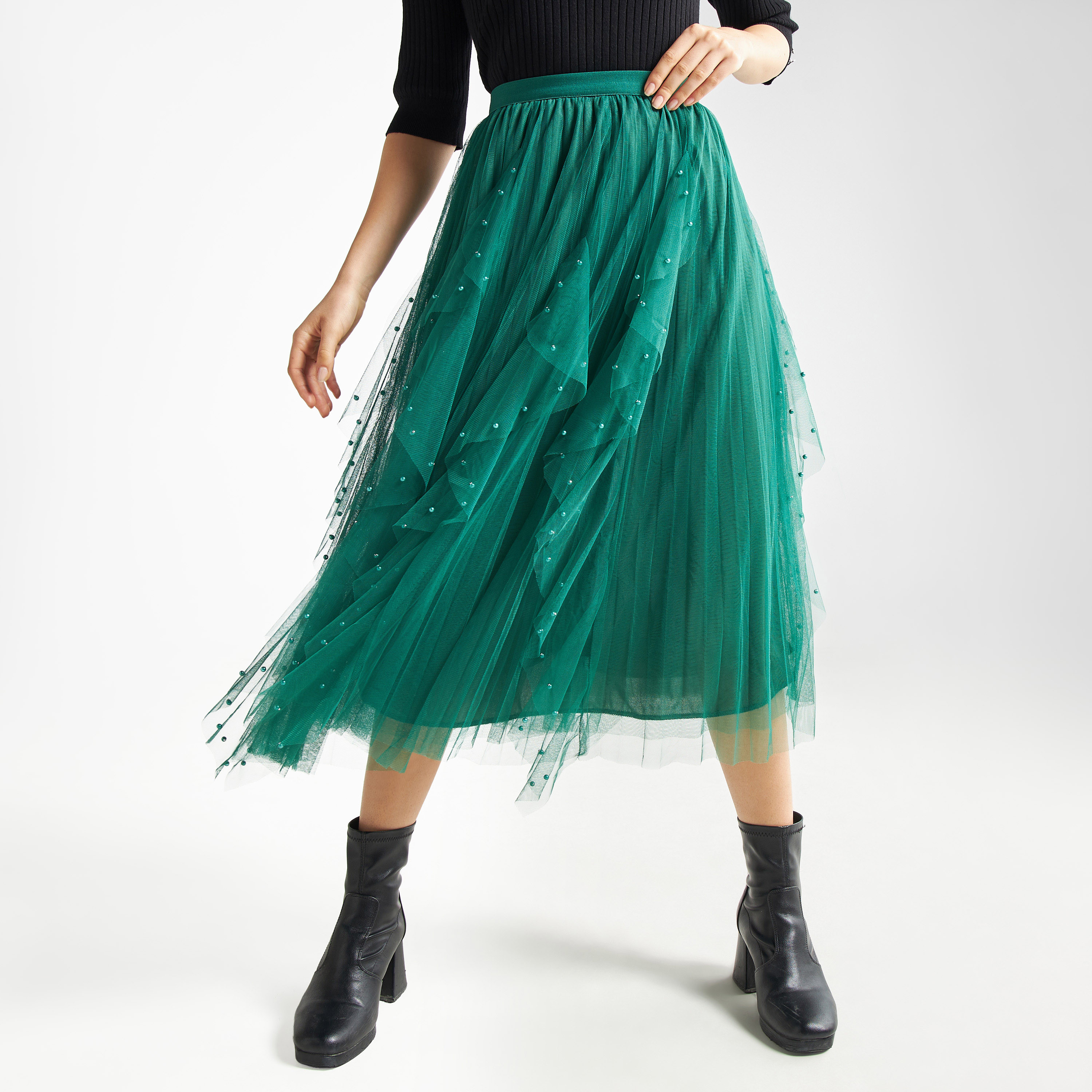 Buy Embellished Mesh A line Skirt with Elasticised Waistband Splash UAE