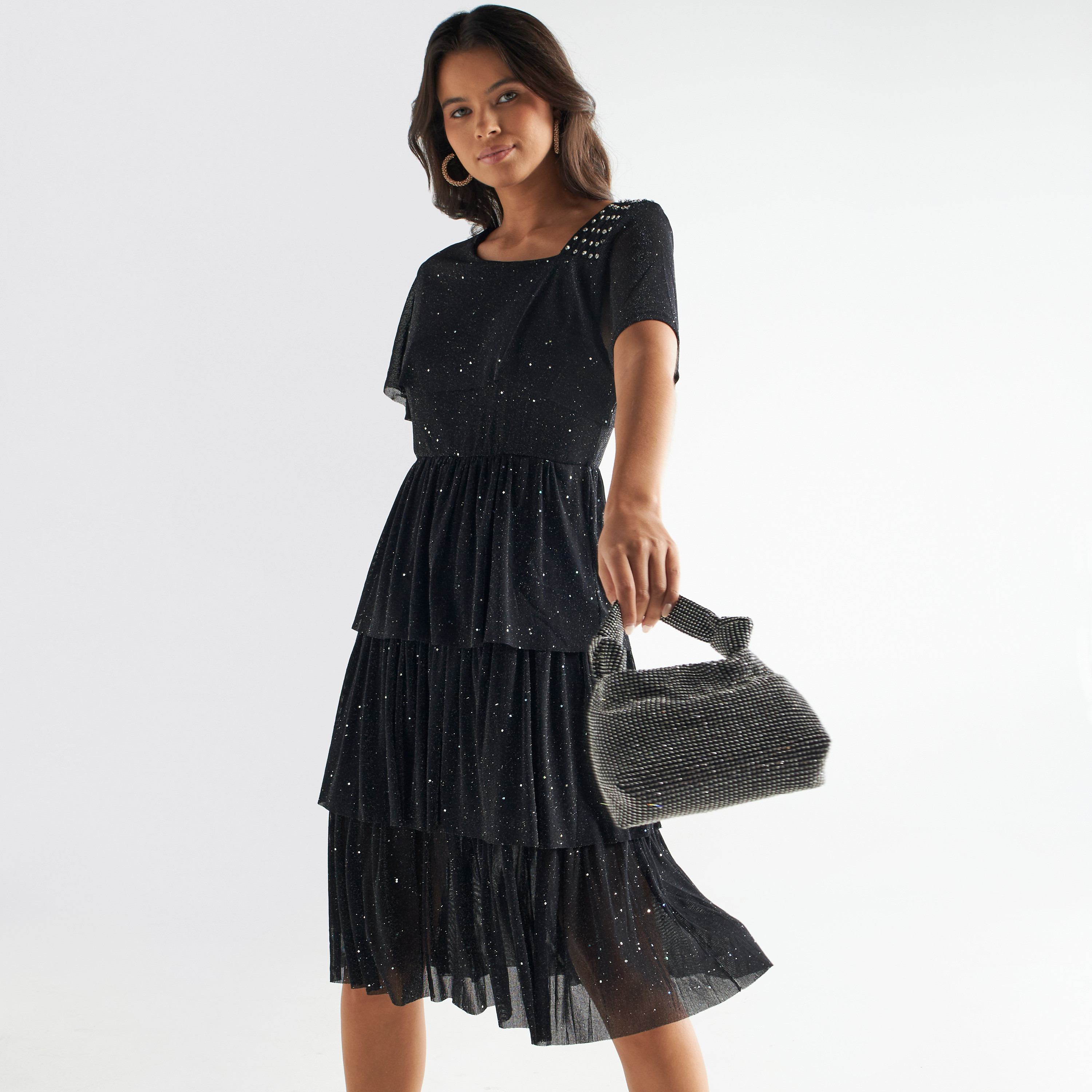 فستان مزخرف متعدد الطبقات بياقة مستديرة وأكمام قصيرة-women-clothing-dresses-image-1