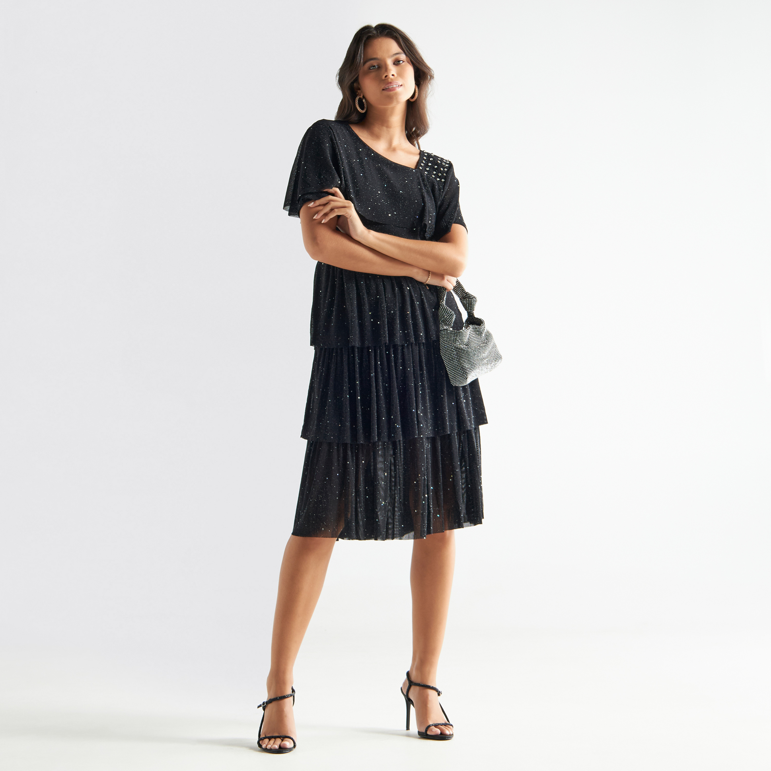 فستان مزخرف متعدد الطبقات بياقة مستديرة وأكمام قصيرة-women-clothing-dresses-image-2