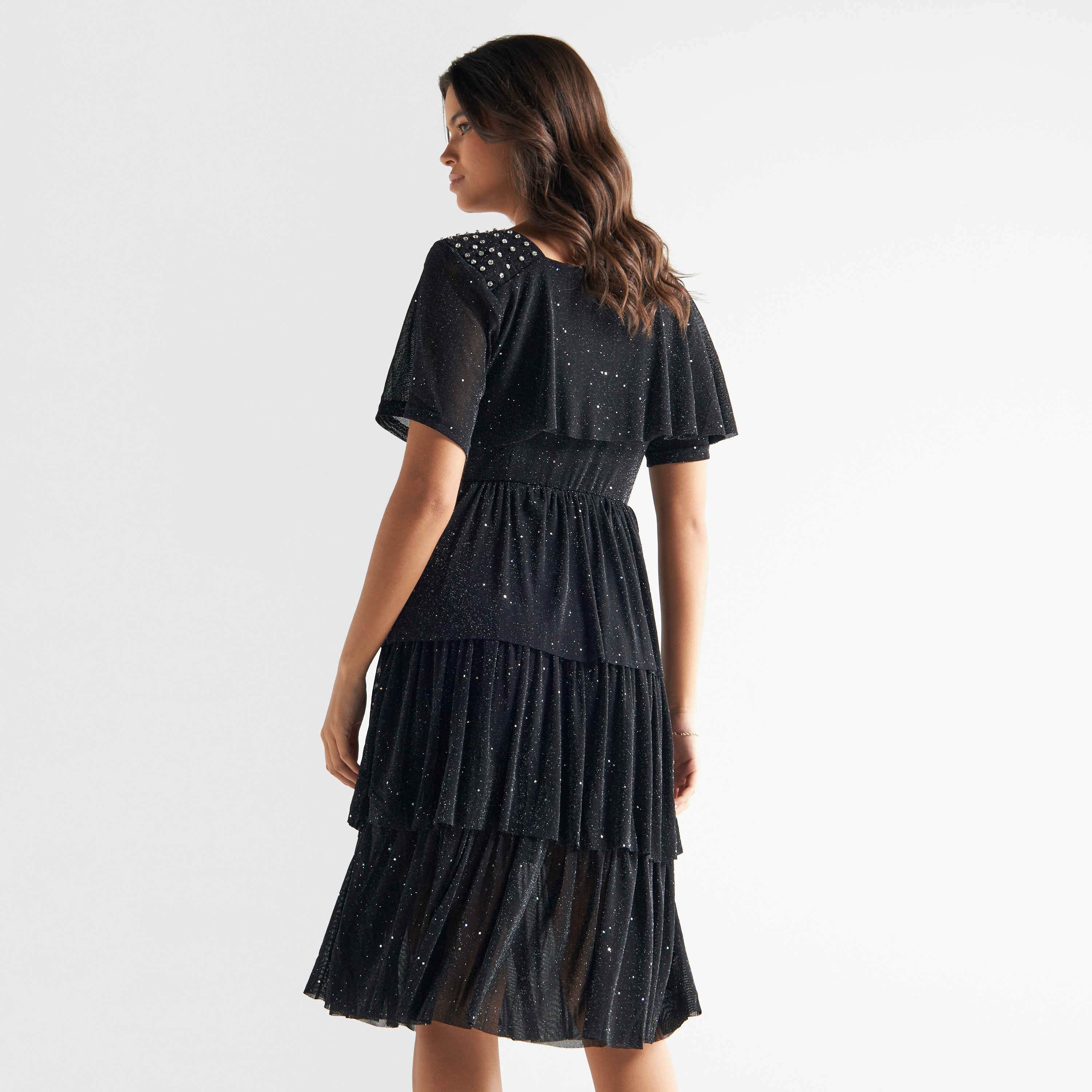 فستان مزخرف متعدد الطبقات بياقة مستديرة وأكمام قصيرة-women-clothing-dresses-image-3