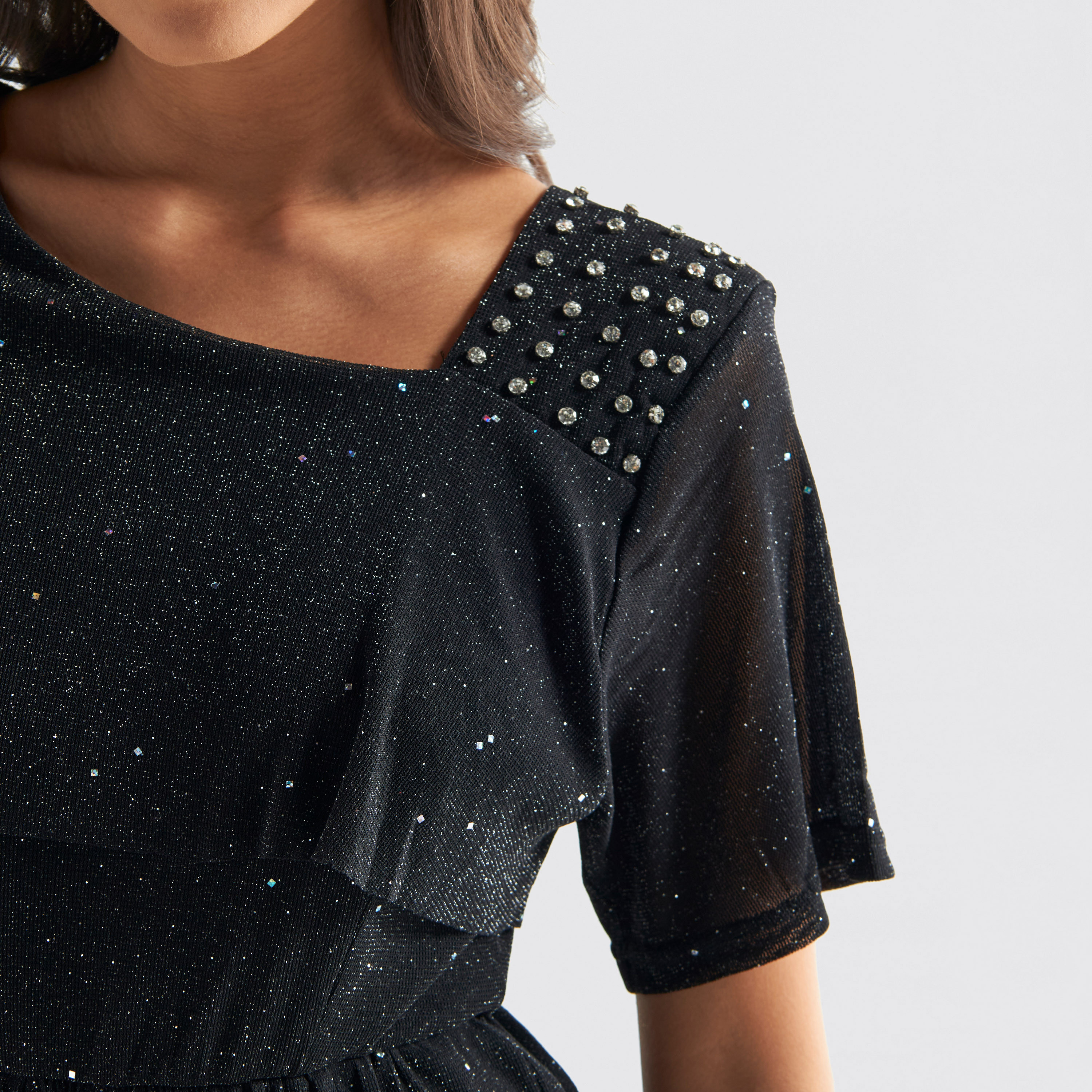 فستان مزخرف متعدد الطبقات بياقة مستديرة وأكمام قصيرة-women-clothing-dresses-image-4