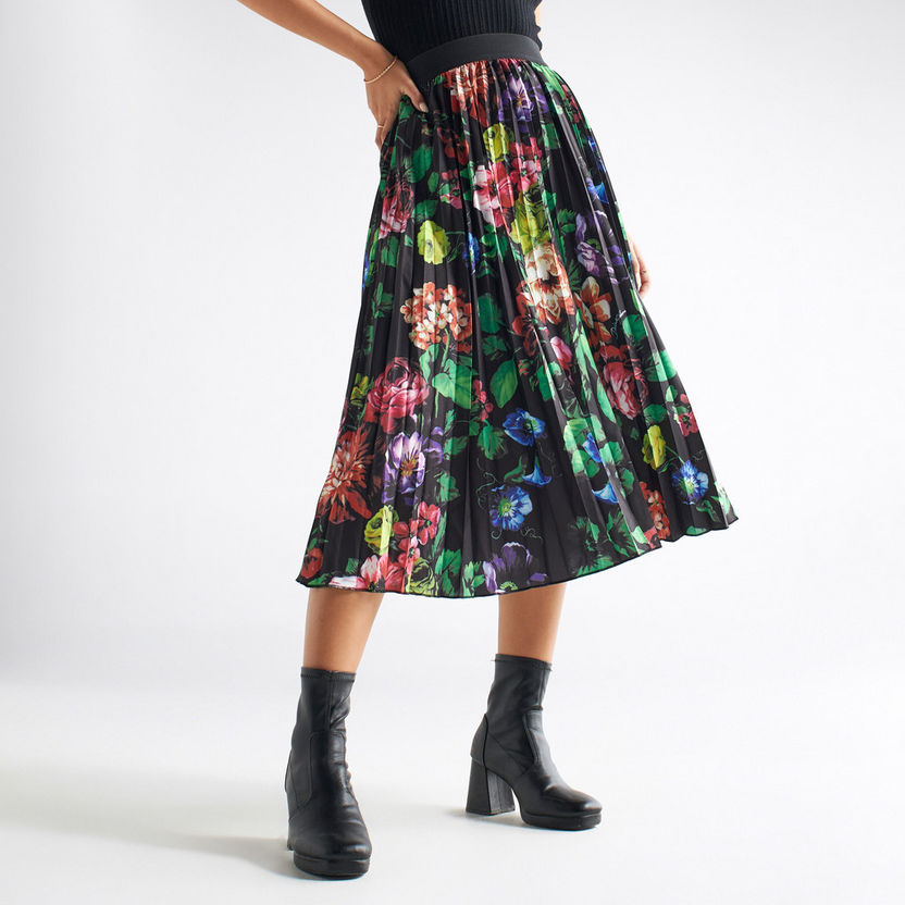 Buy All-Over Floral Print Pleated A-line Skirt with Elasticised ...