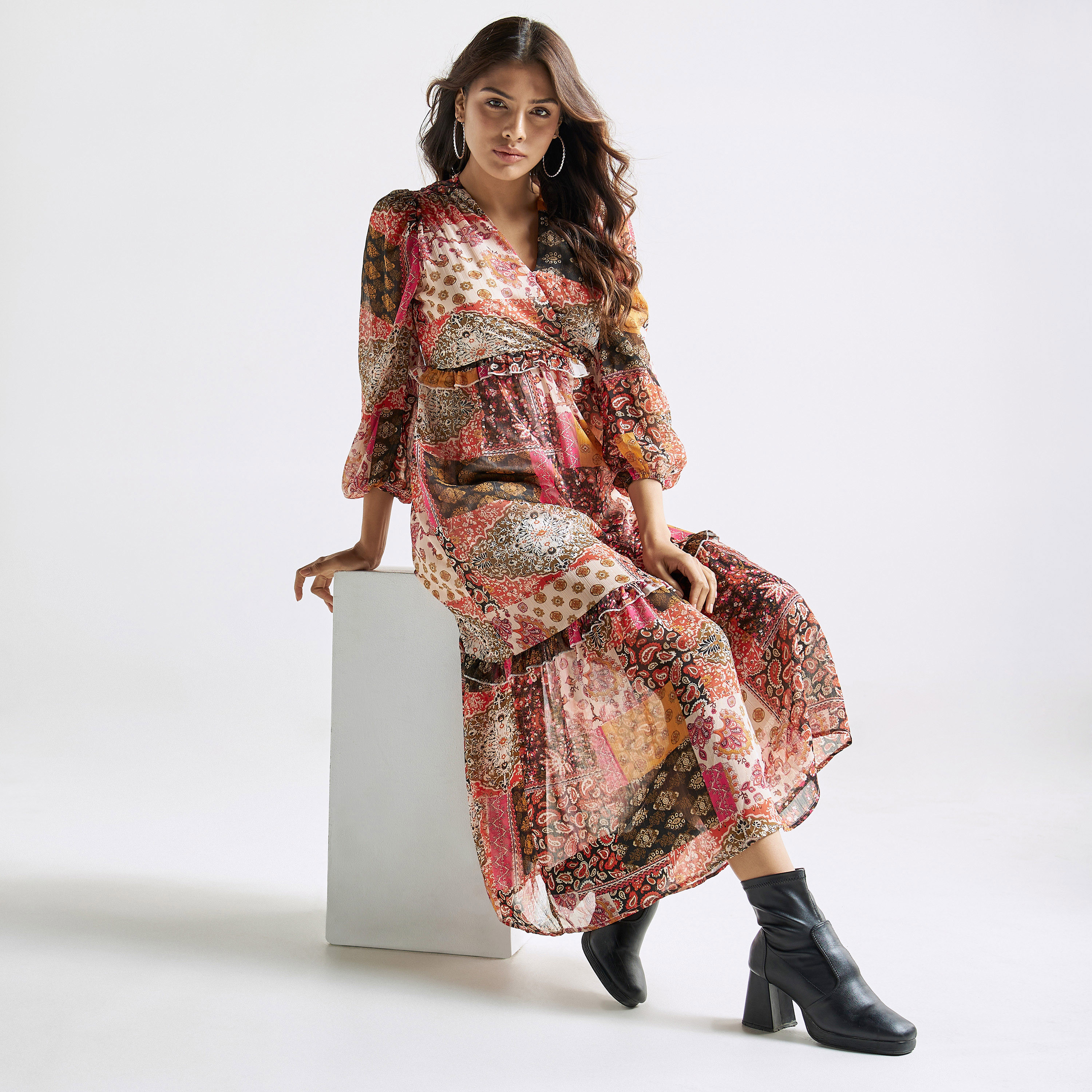 Buy All Over Print Maxi Tiered Dress with Ruffles and Long Sleeves Splash UAE