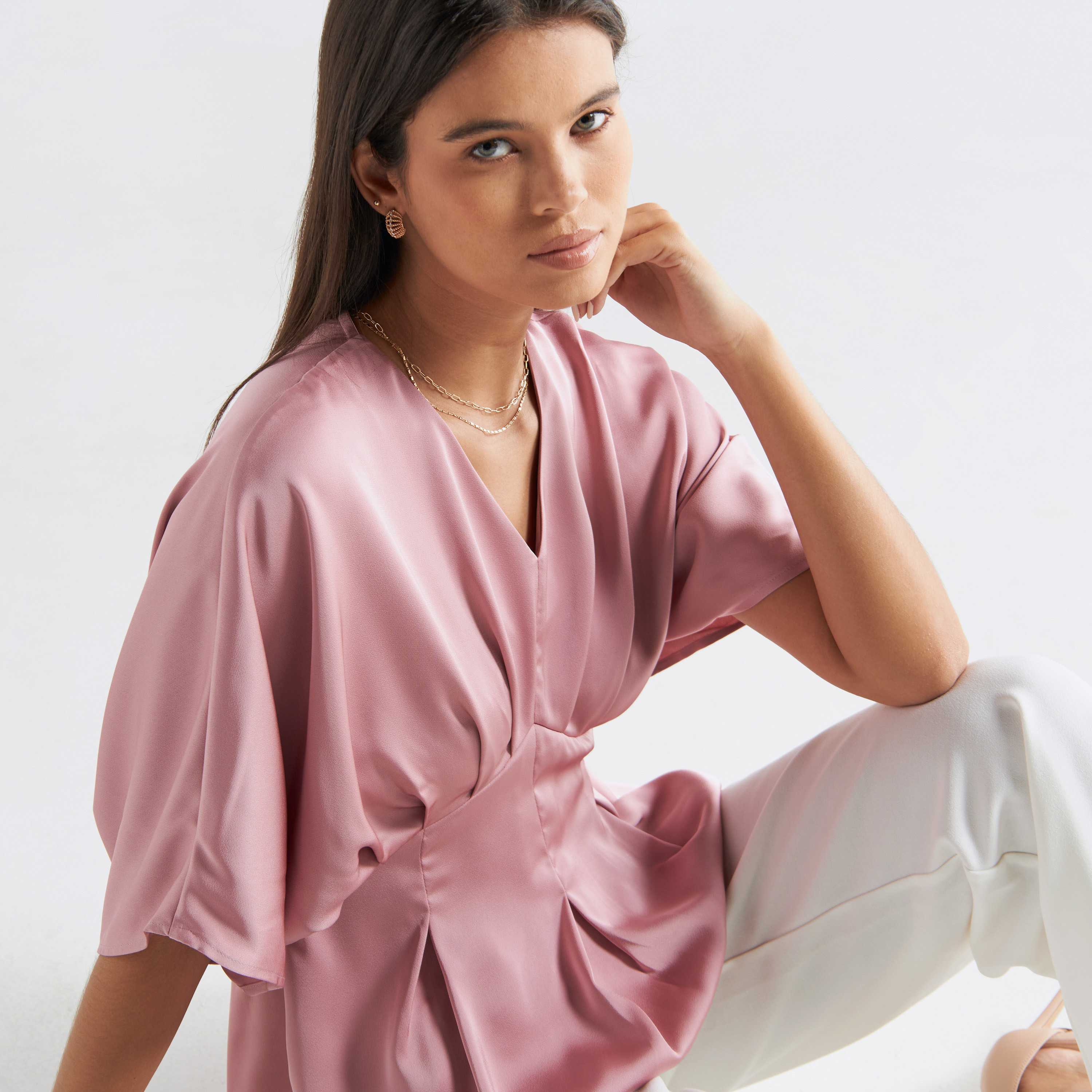 Solid V-neck Satin Top with Batwing Sleeves-women-clothing-shirtsandblouses-blouses-image-1