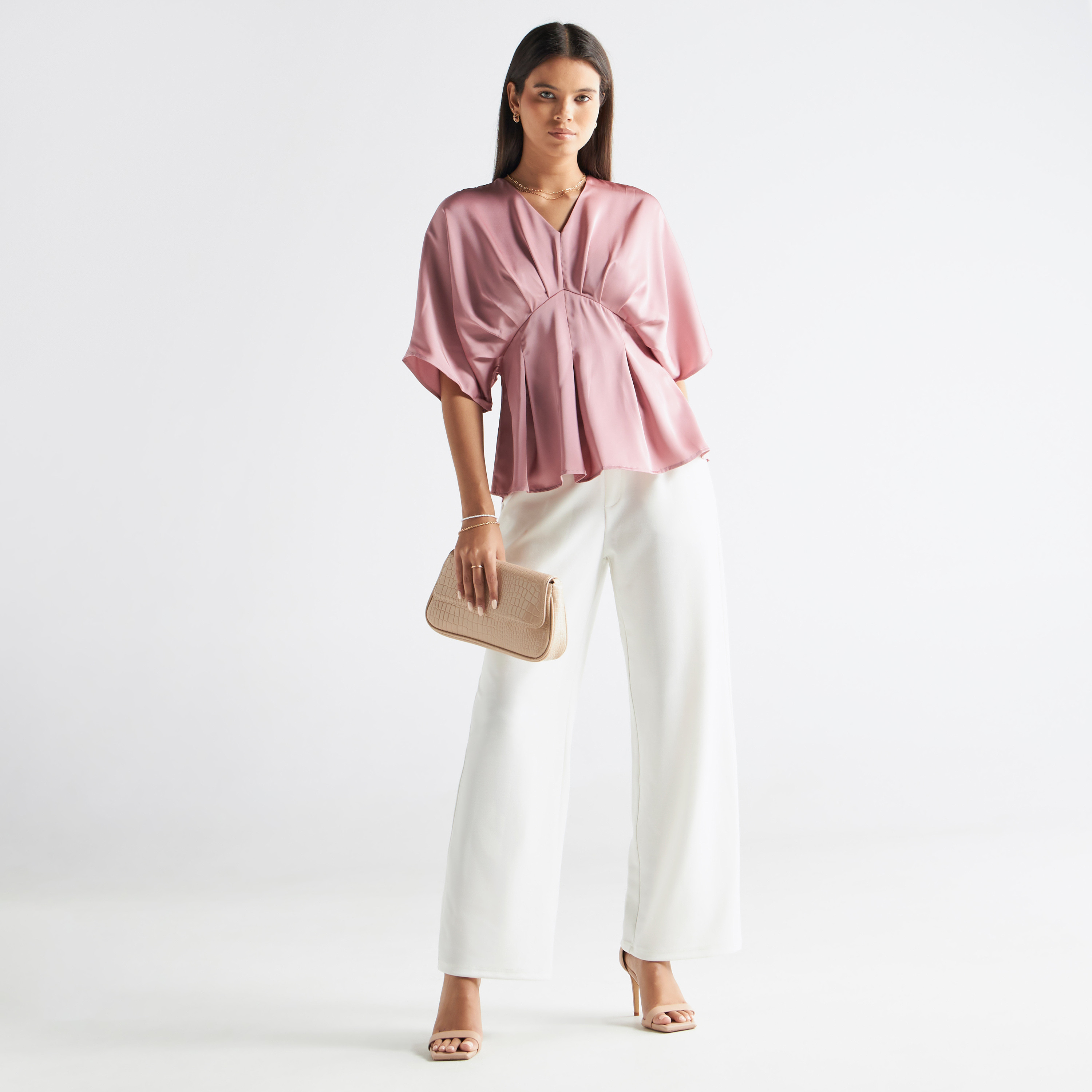 Solid V-neck Satin Top with Batwing Sleeves-women-clothing-shirtsandblouses-blouses-image-2