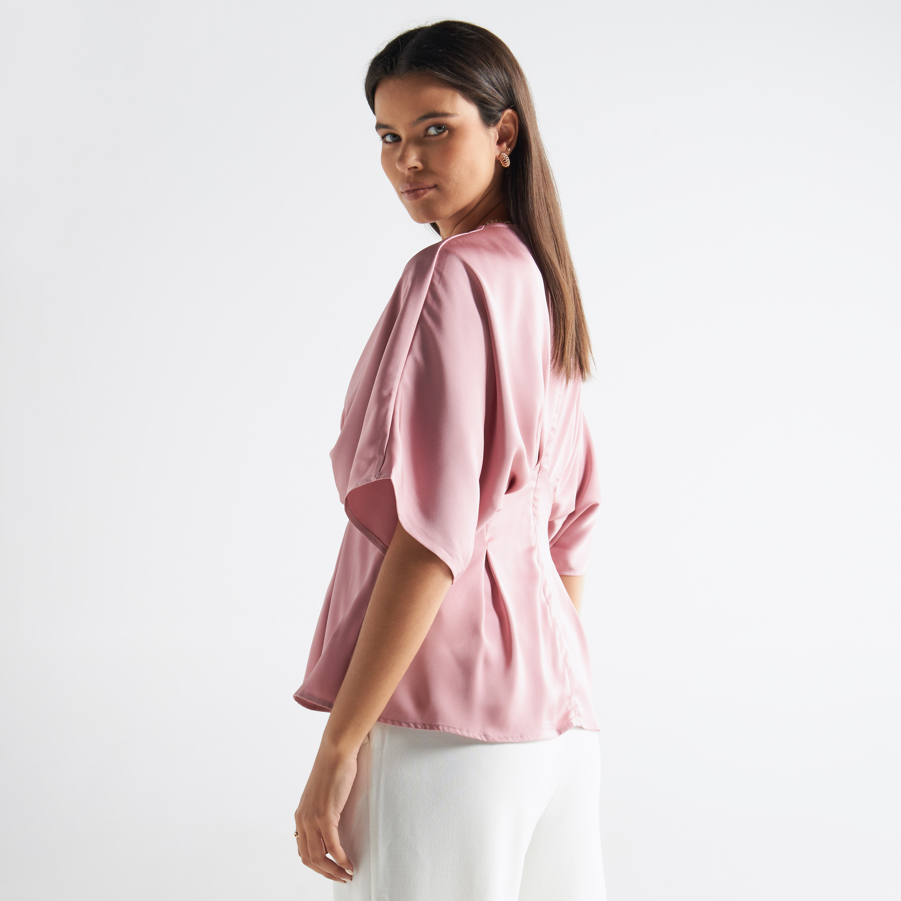 Solid V-neck Satin Top with Batwing Sleeves-women-clothing-shirtsandblouses-blouses-image-3