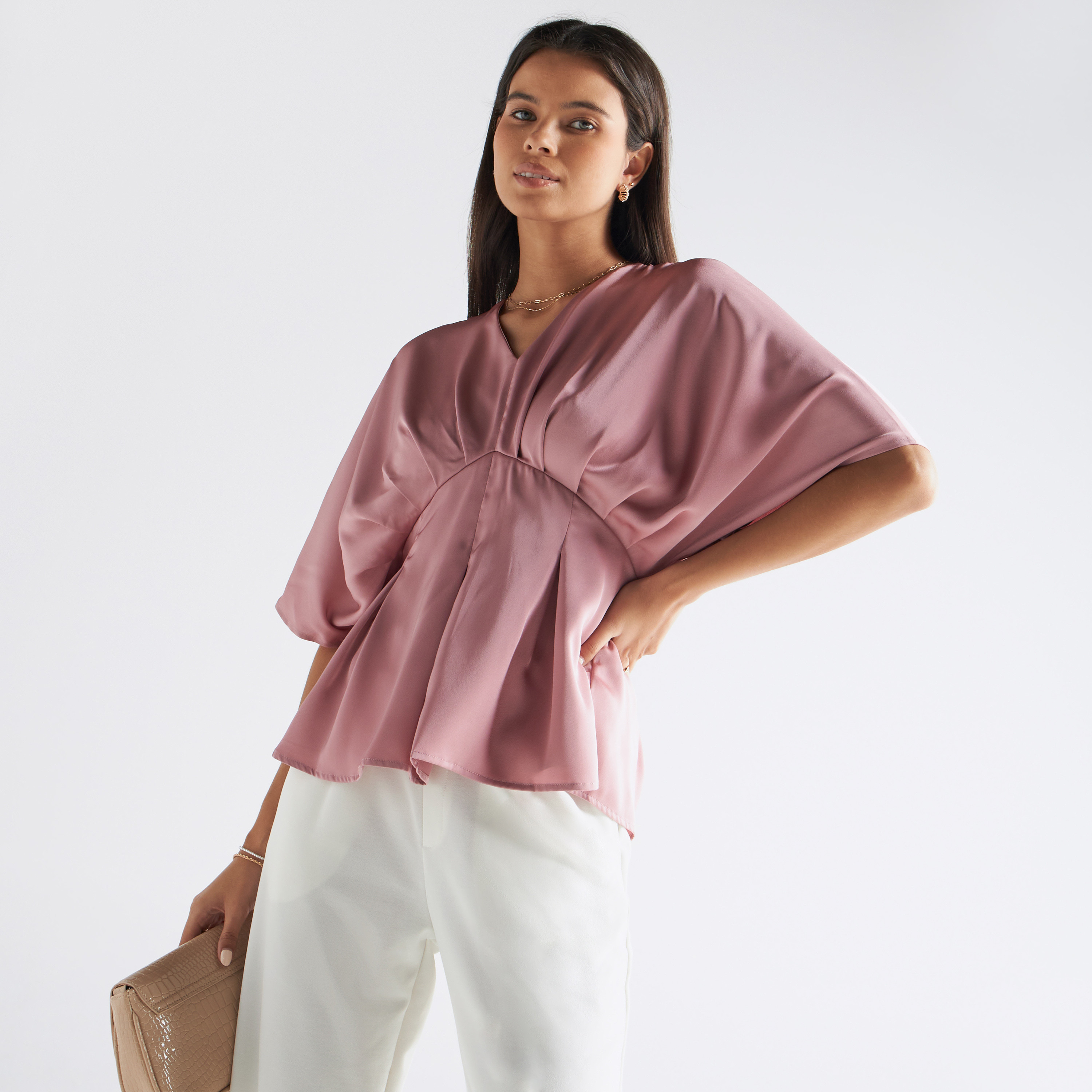 Solid V-neck Satin Top with Batwing Sleeves-women-clothing-shirtsandblouses-blouses-image-4