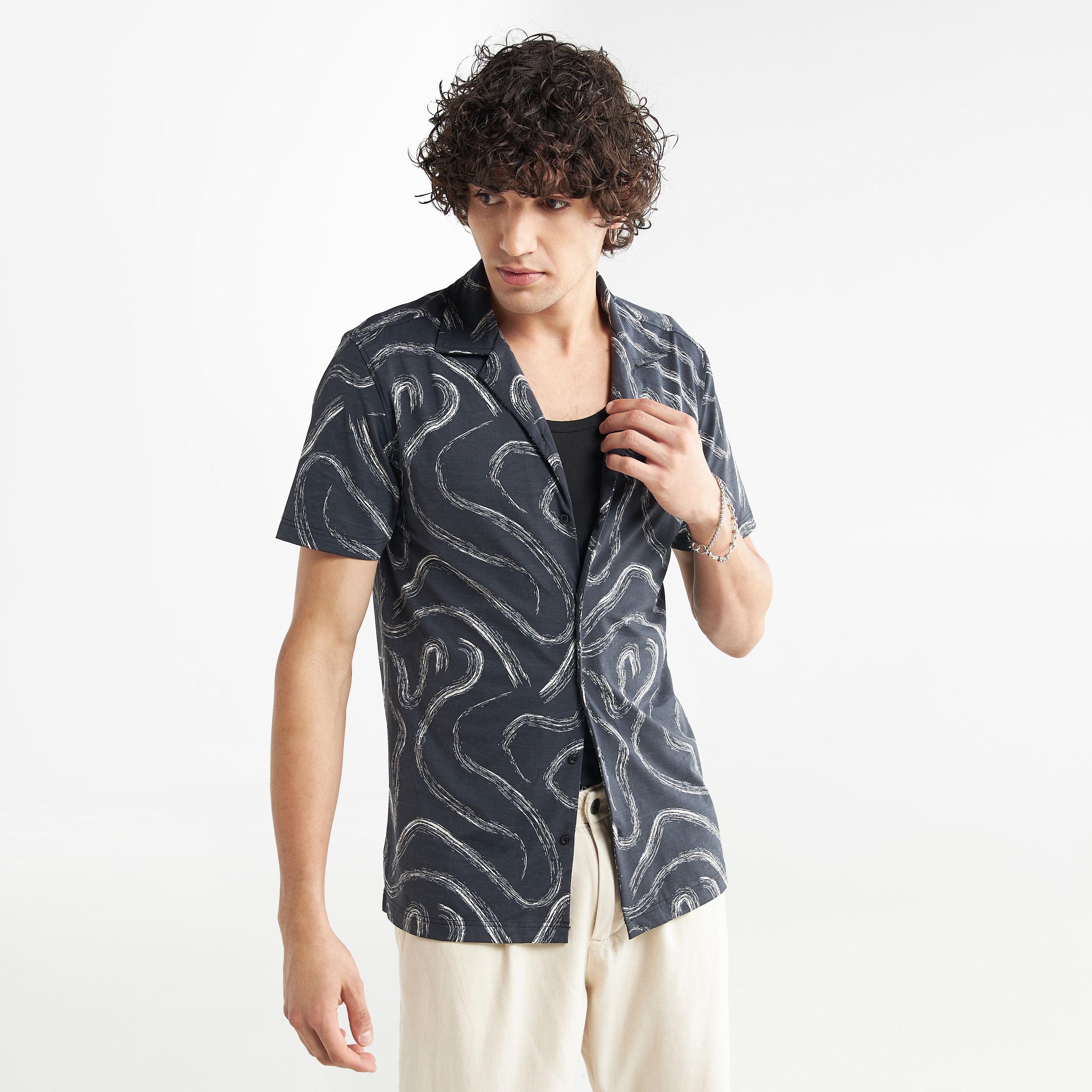Printed Camp Collar Shirt with Short Sleeves-men-clothing-shirts-image-1