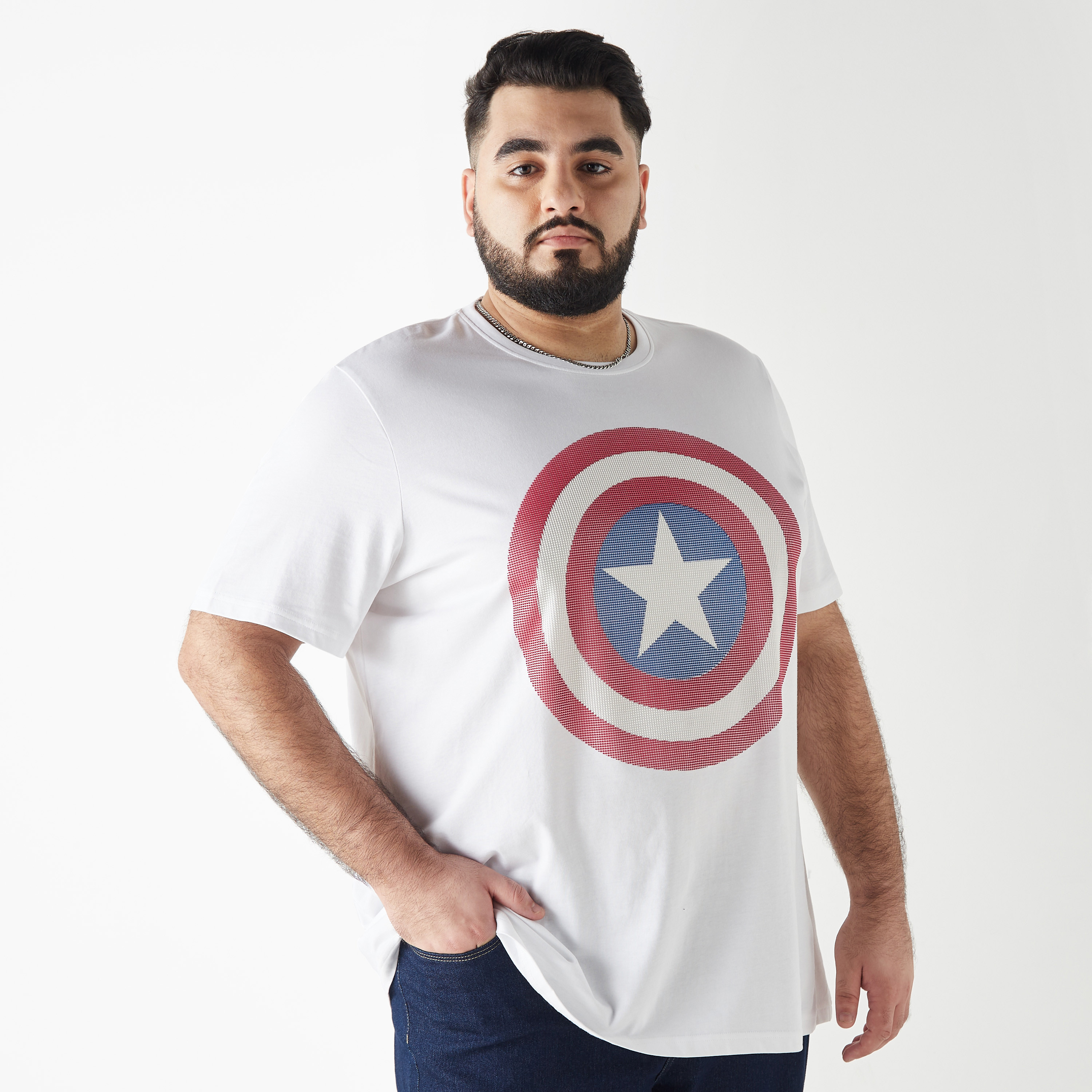 Buy Set of 2 Plus Size Captain America Print T shirt with Crew Neck and Short Sleeves Splash UAE