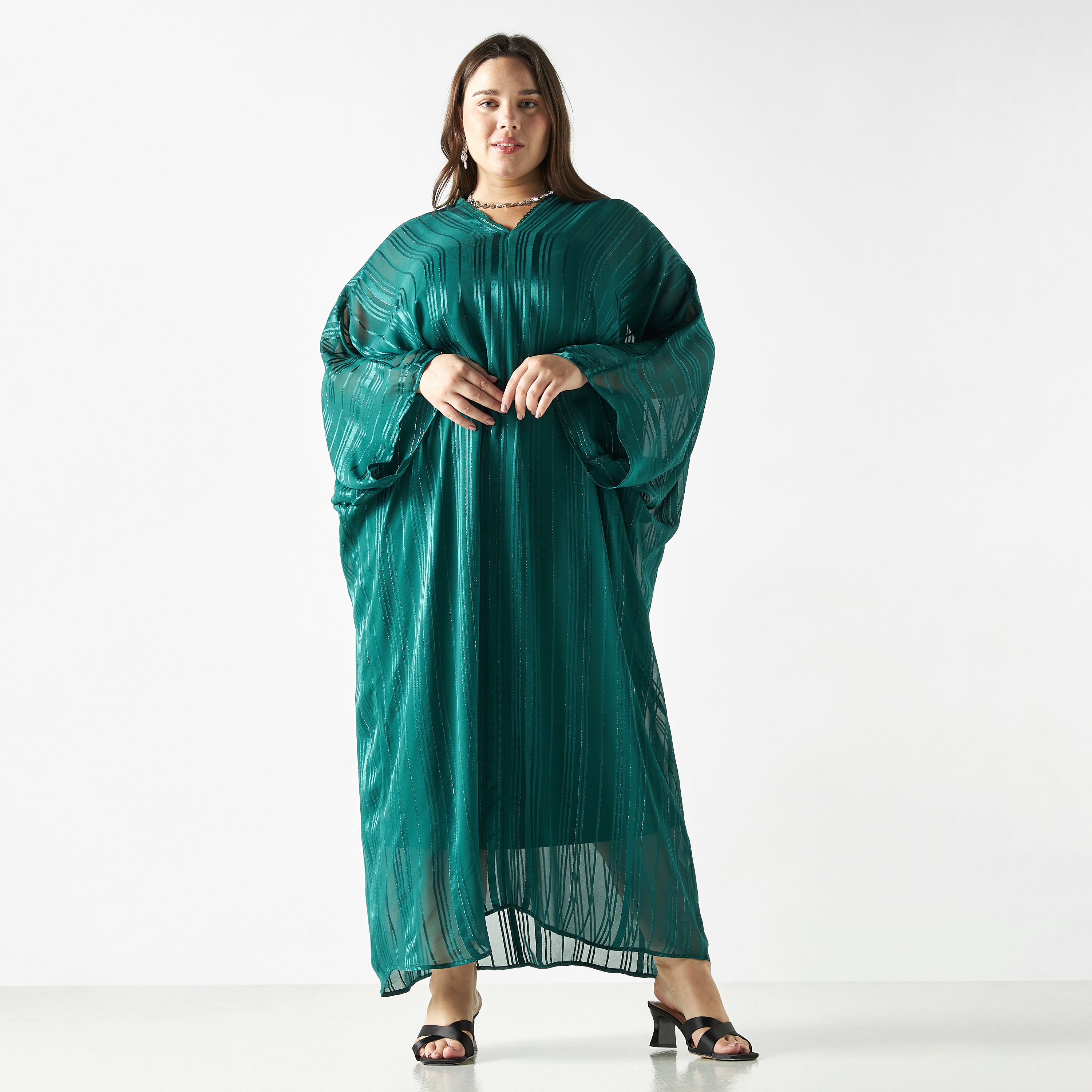 Shop Textured Kaftan Dress with V-neck and Tie-Up Detail