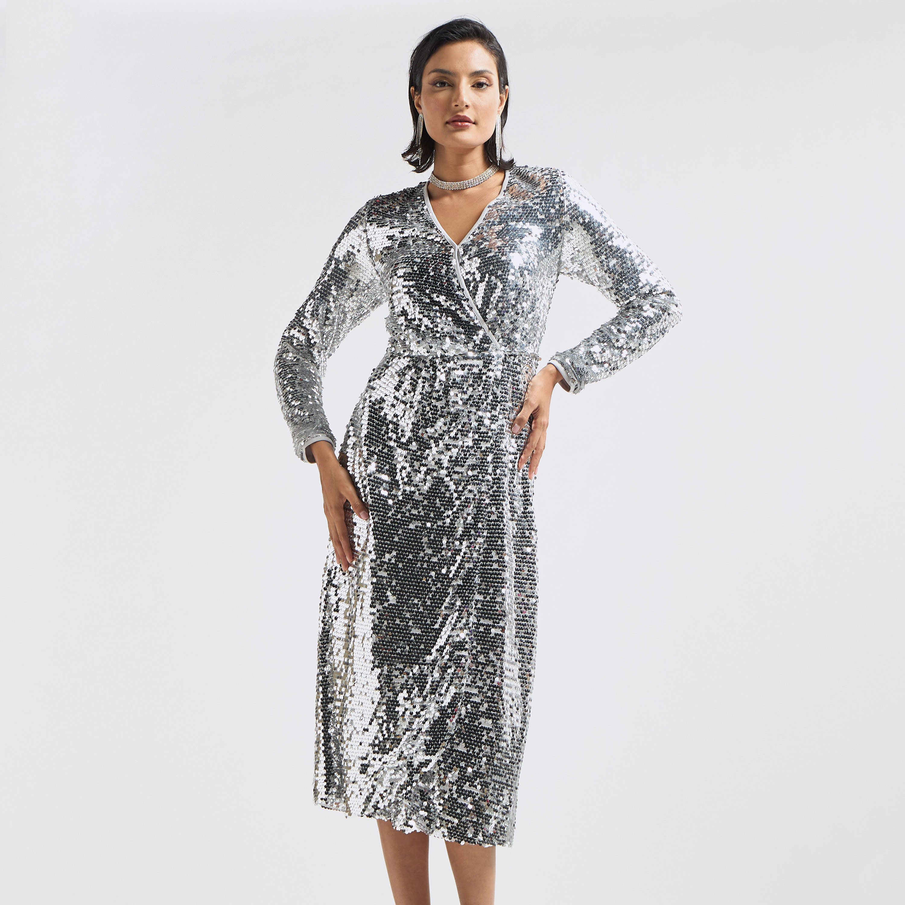 Shop All-Over Sequins Dress with V-neck and Long Sleeves Online | Splash UAE