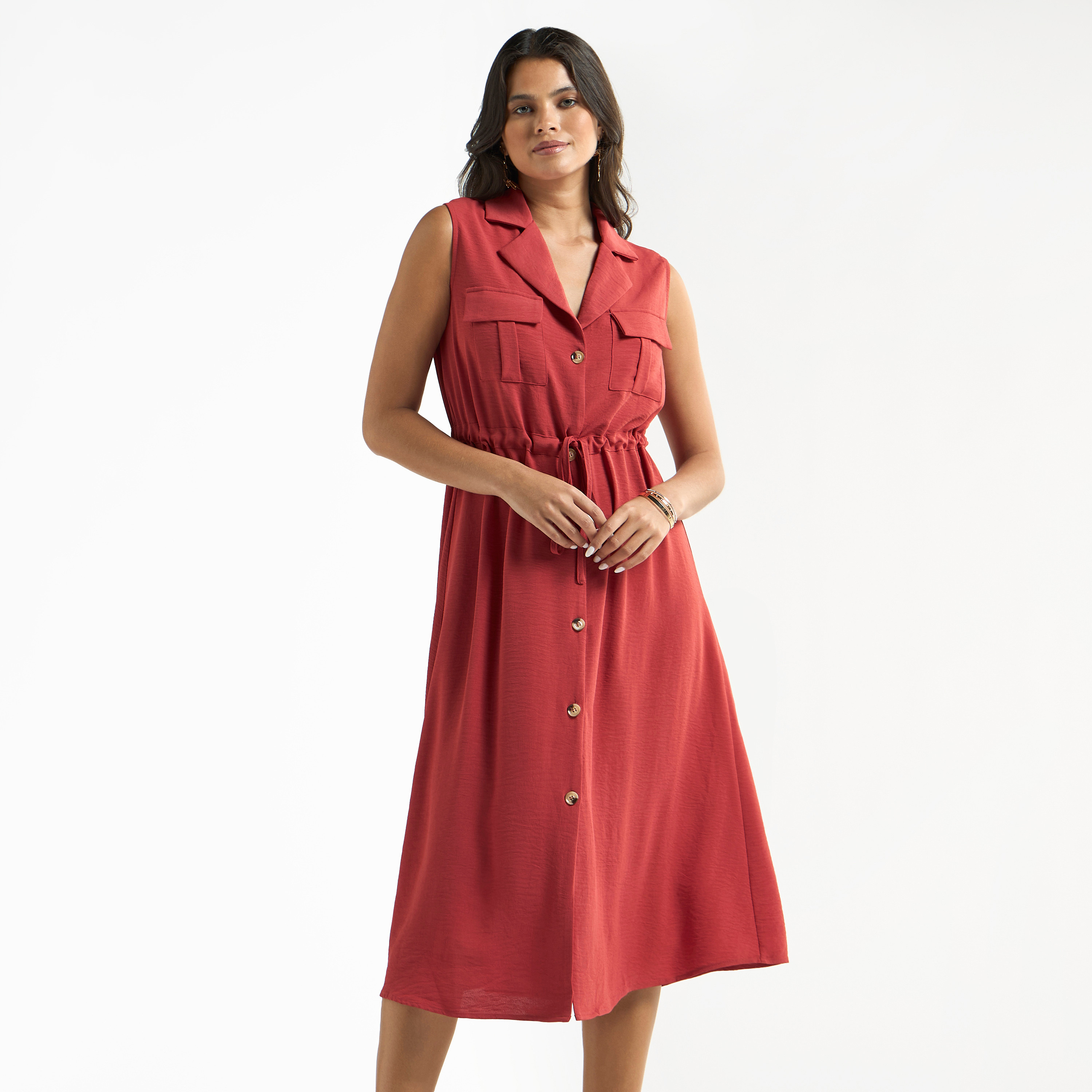 Textured Sleeveless Shirt Dress with Pockets-women-clothing-dresses-image-1