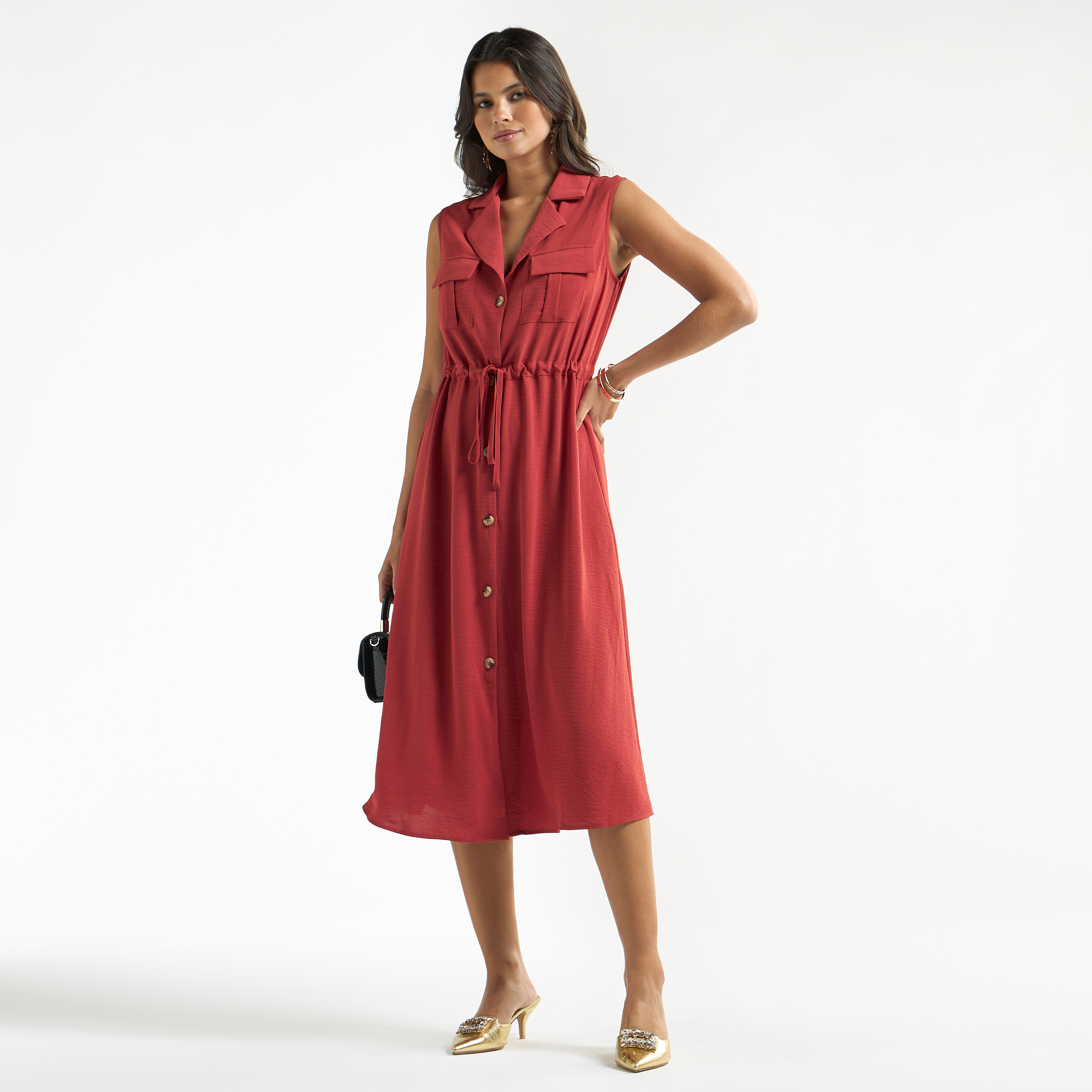 Textured Sleeveless Shirt Dress with Pockets-women-clothing-dresses-image-2