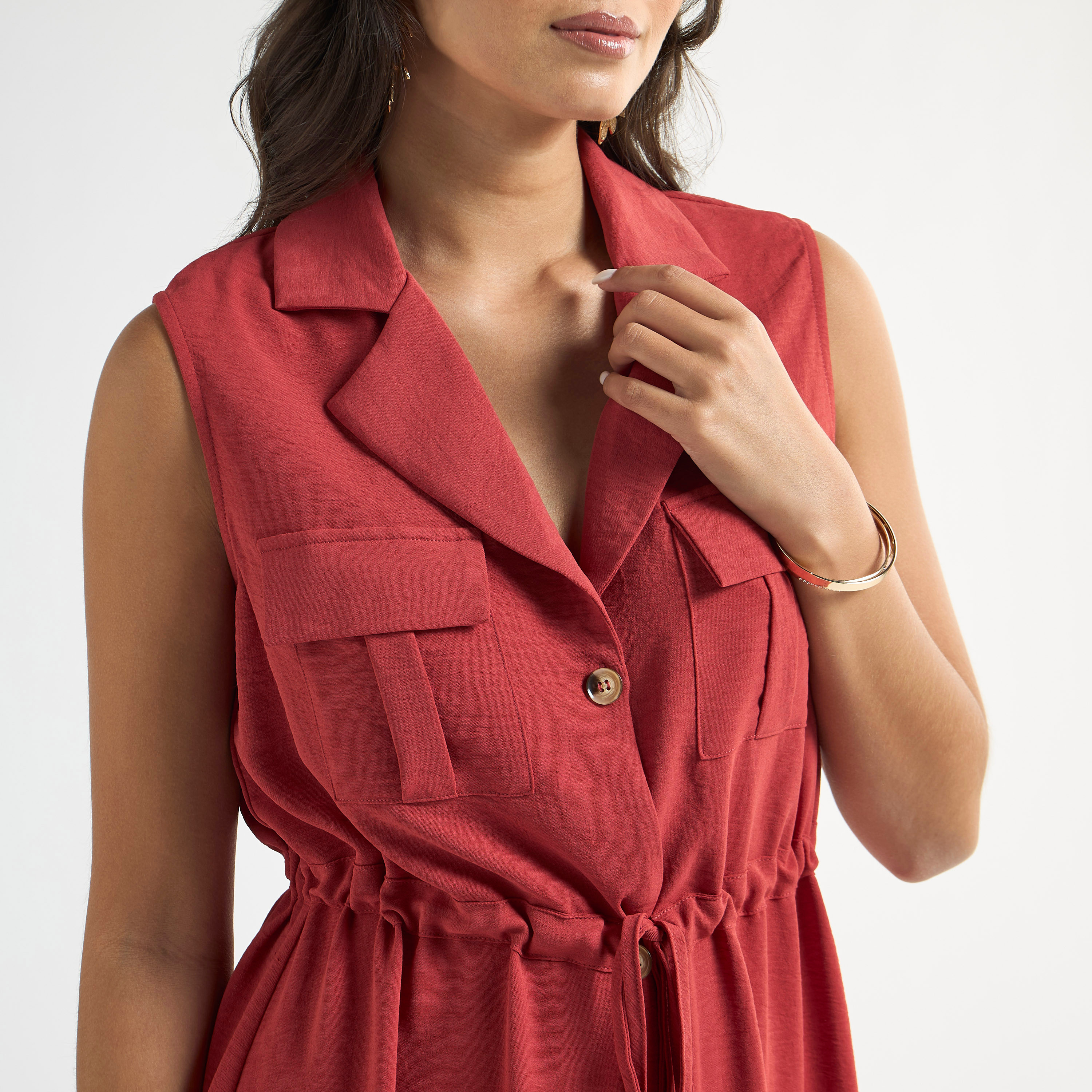 Textured Sleeveless Shirt Dress with Pockets-women-clothing-dresses-image-4