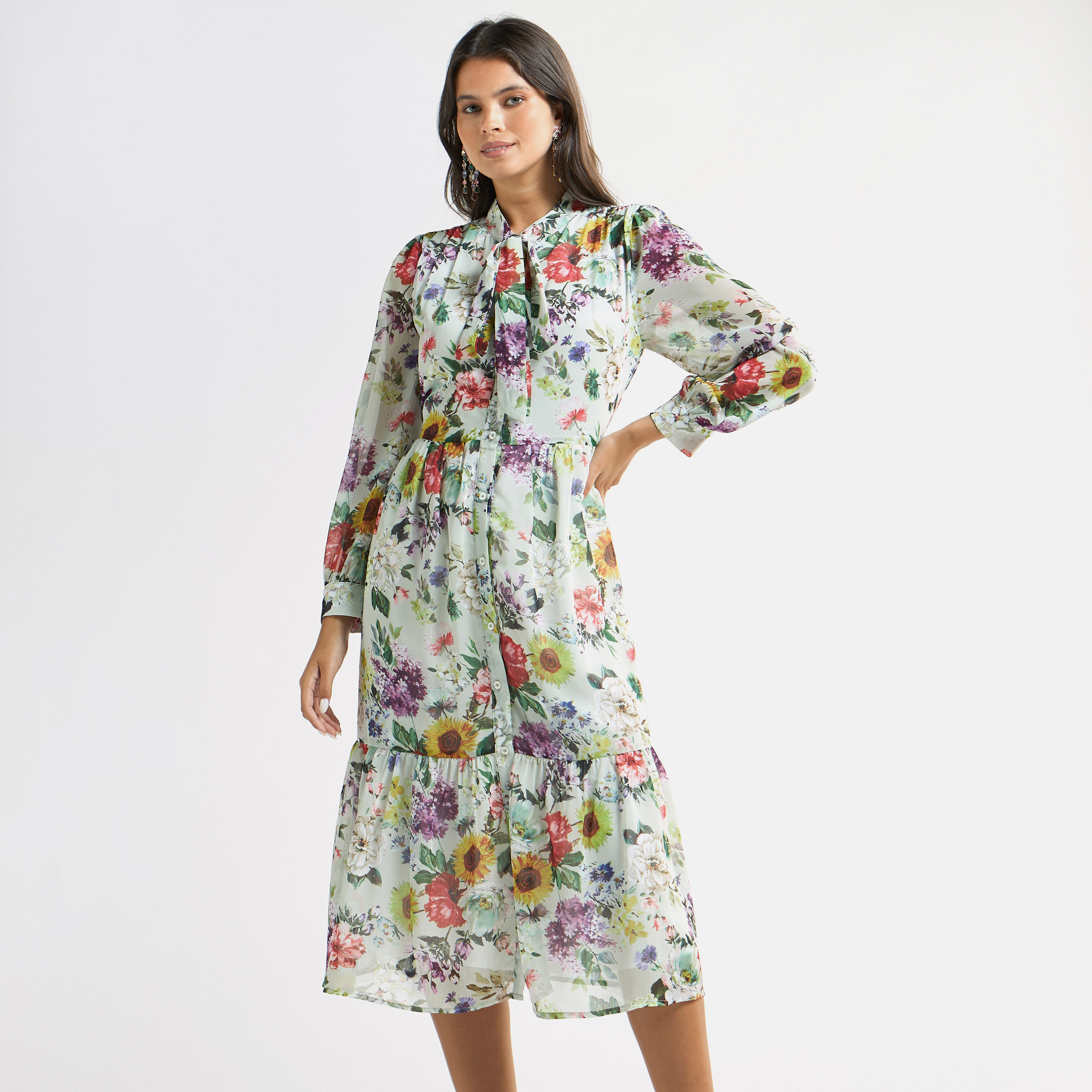All-Over Floral Print Tiered Dress with Pussy Bow Collar and Long Sleeves-women-clothing-dresses-image-1