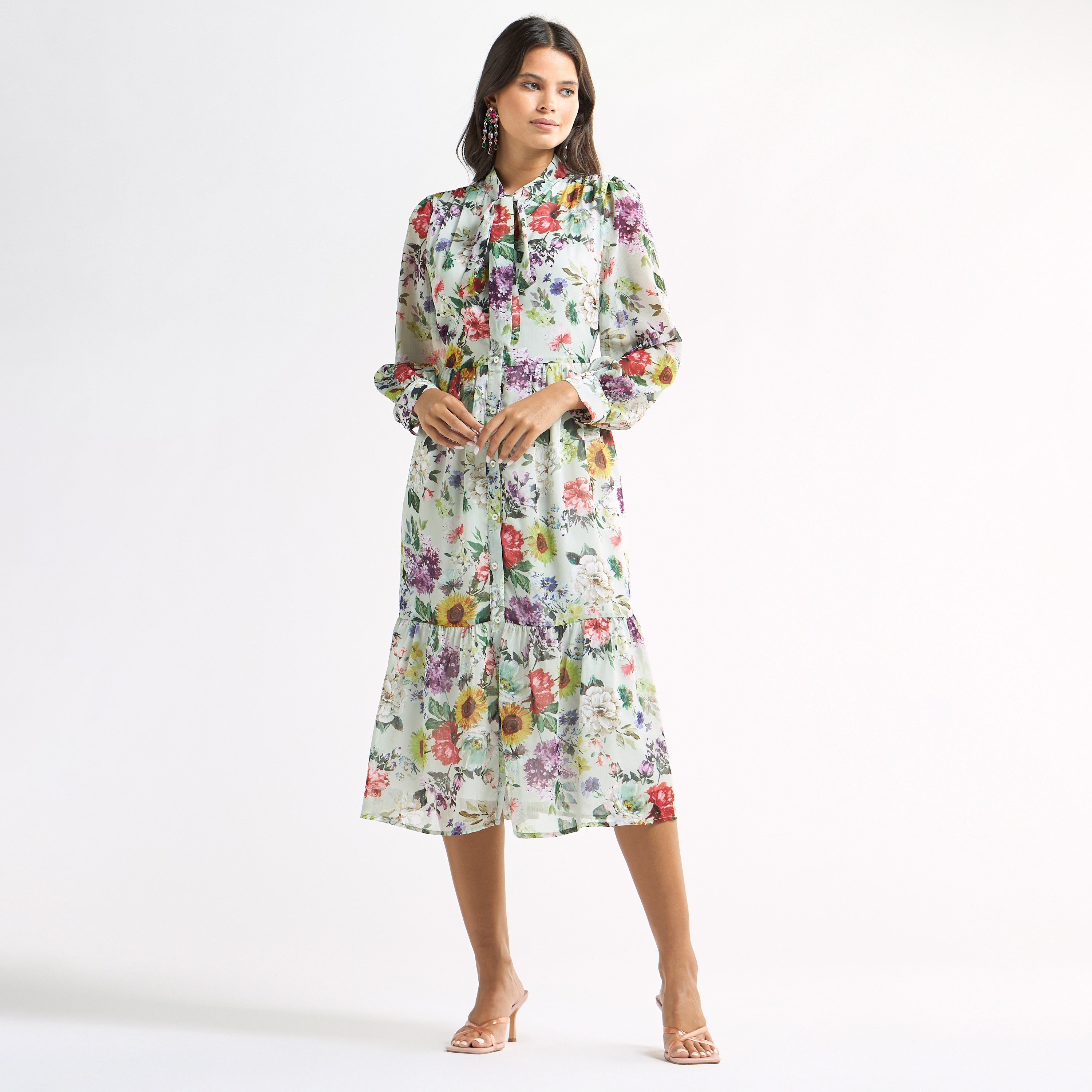 All-Over Floral Print Tiered Dress with Pussy Bow Collar and Long Sleeves-women-clothing-dresses-image-2