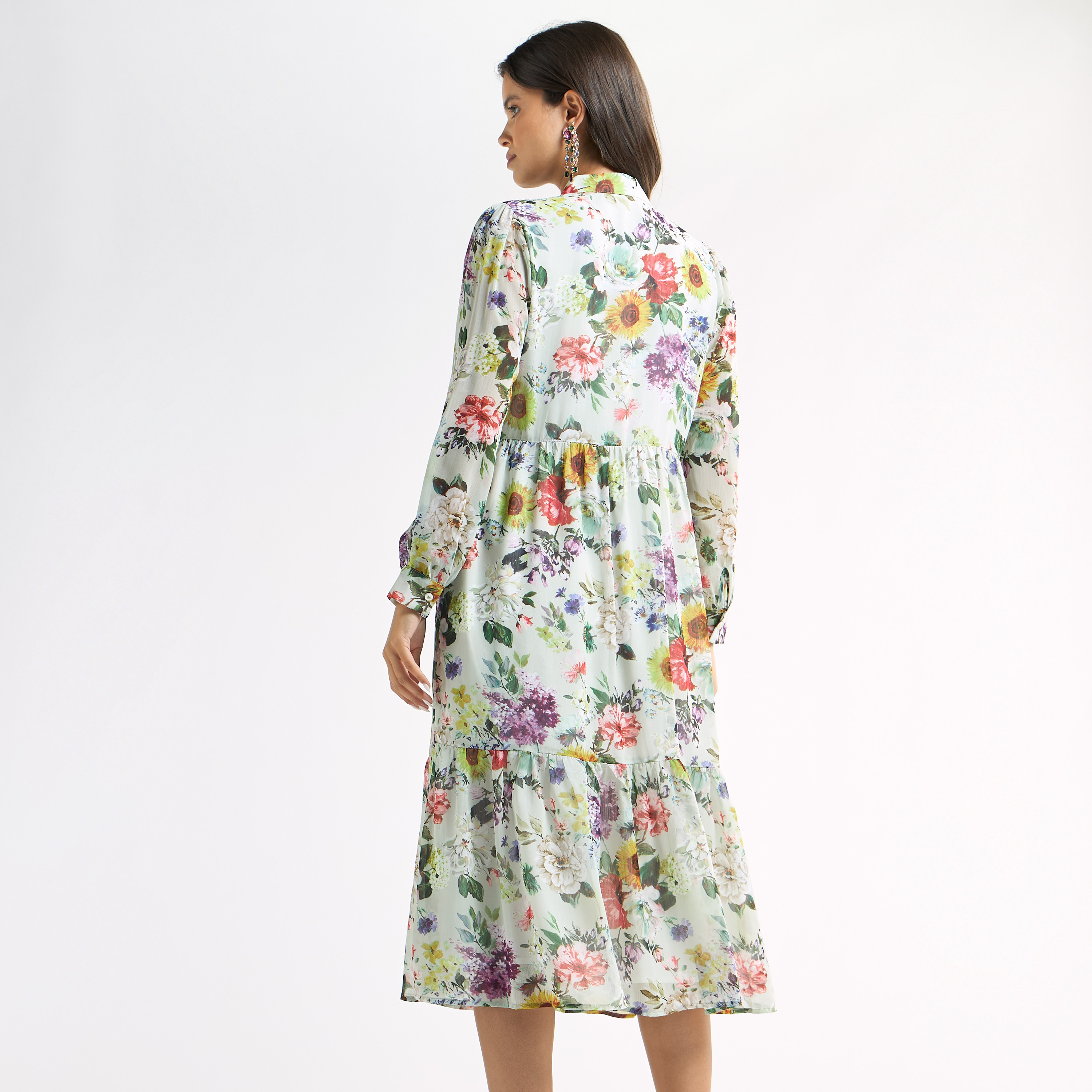 All-Over Floral Print Tiered Dress with Pussy Bow Collar and Long Sleeves-women-clothing-dresses-image-3
