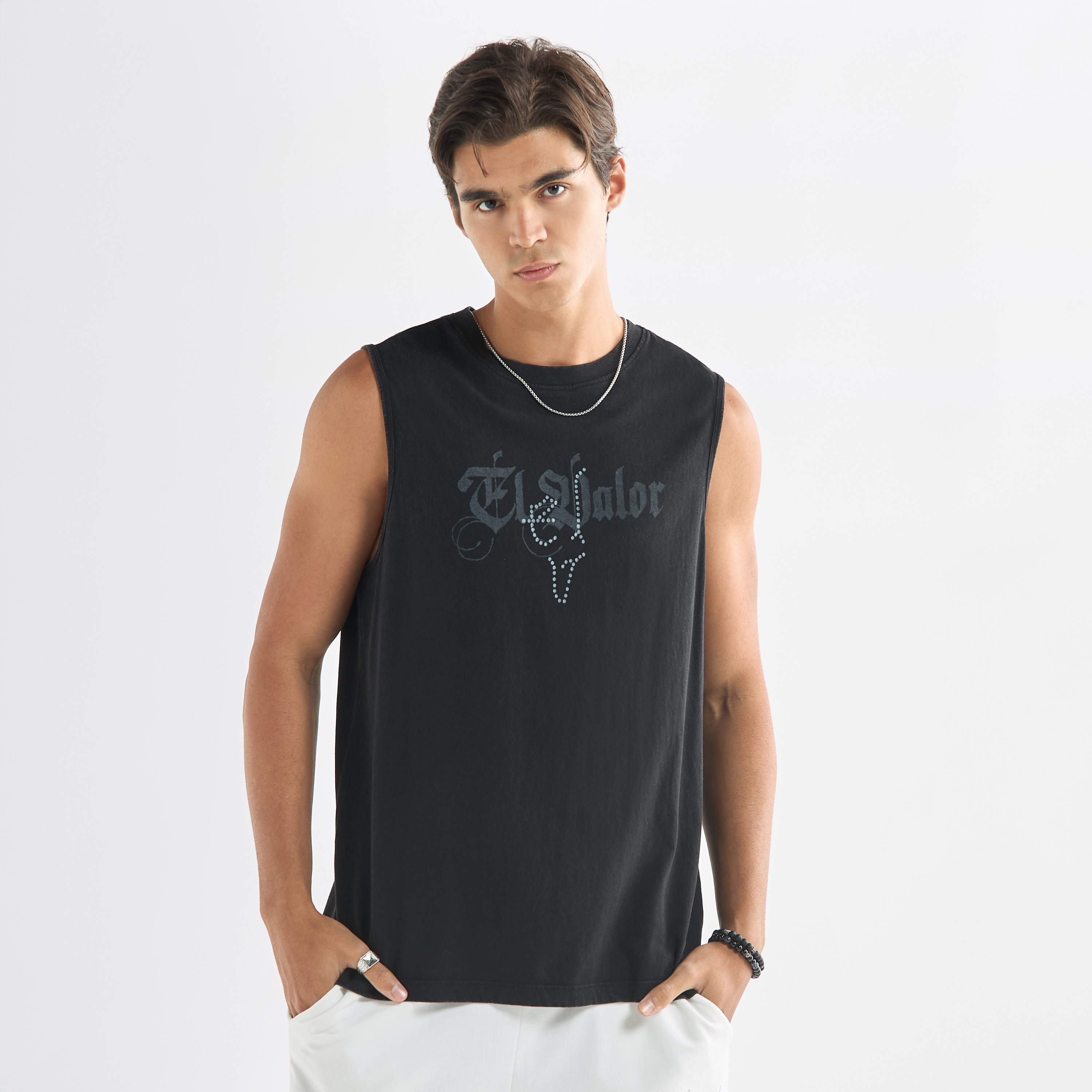 Typographic Print Sleeveless T shirt with Crew Neck