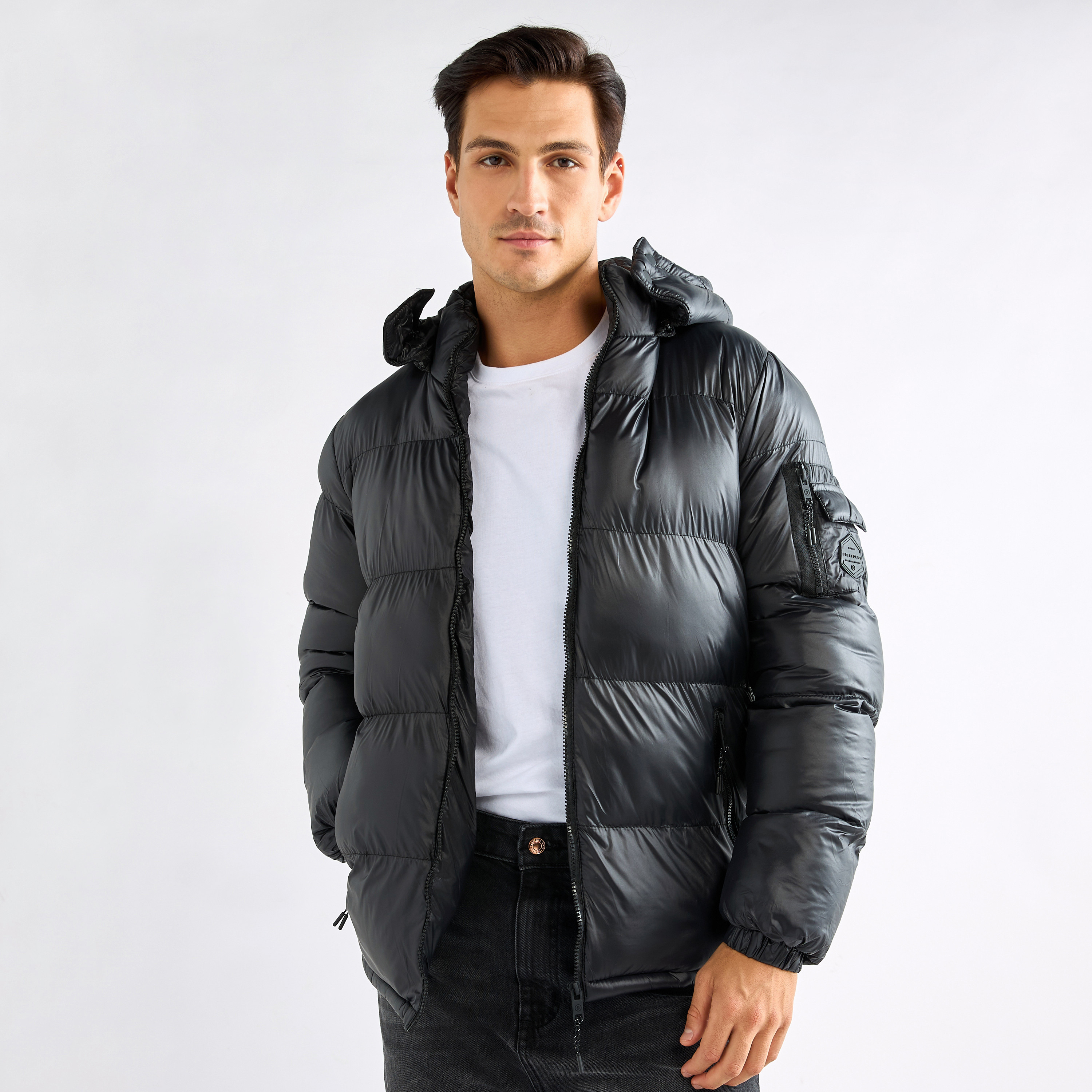 Solid zip hooded puffer jacket on sale