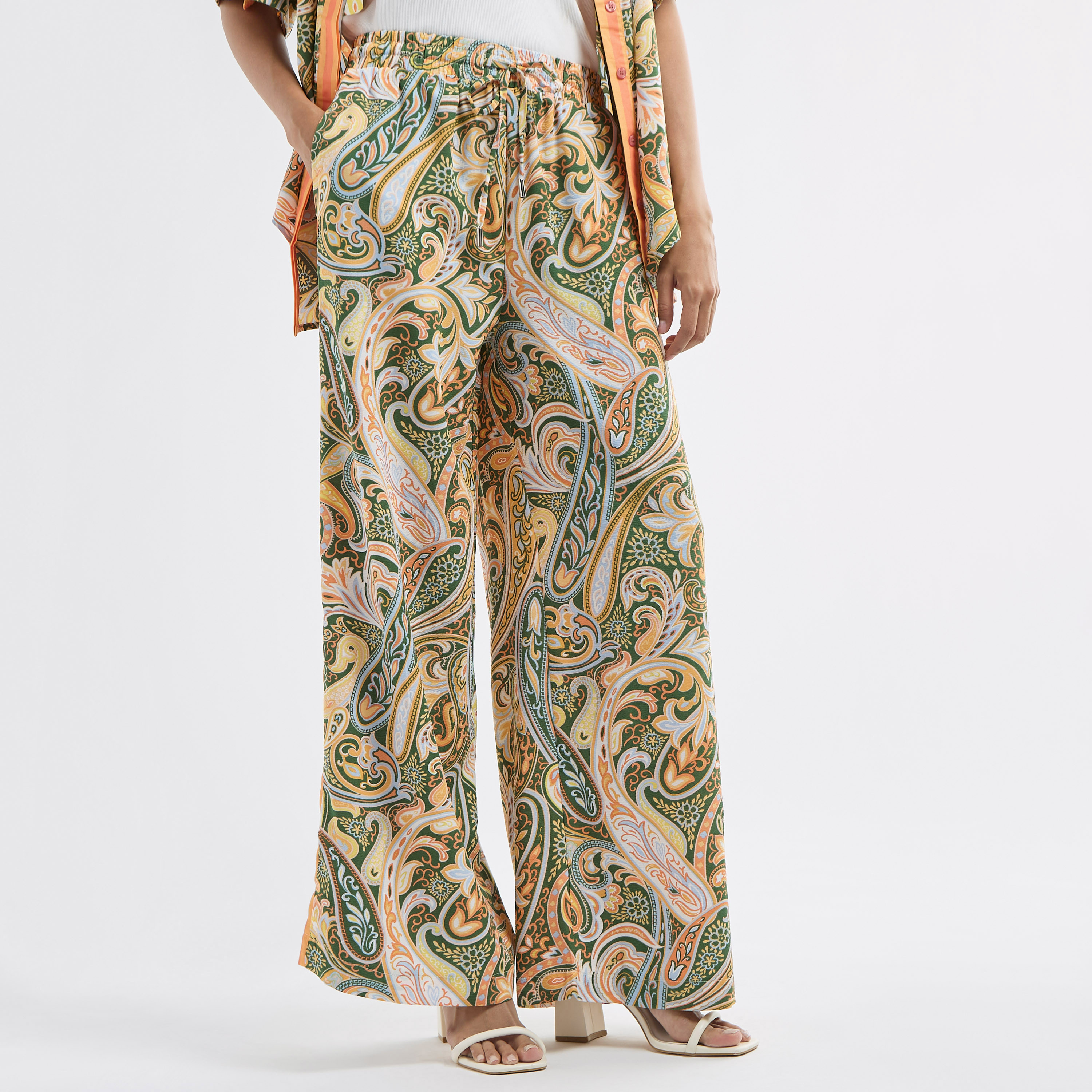 All-Over Paisley Print Wide Leg Pants with Drawstring Closure and Pockets-women-clothing-trousers-image-1