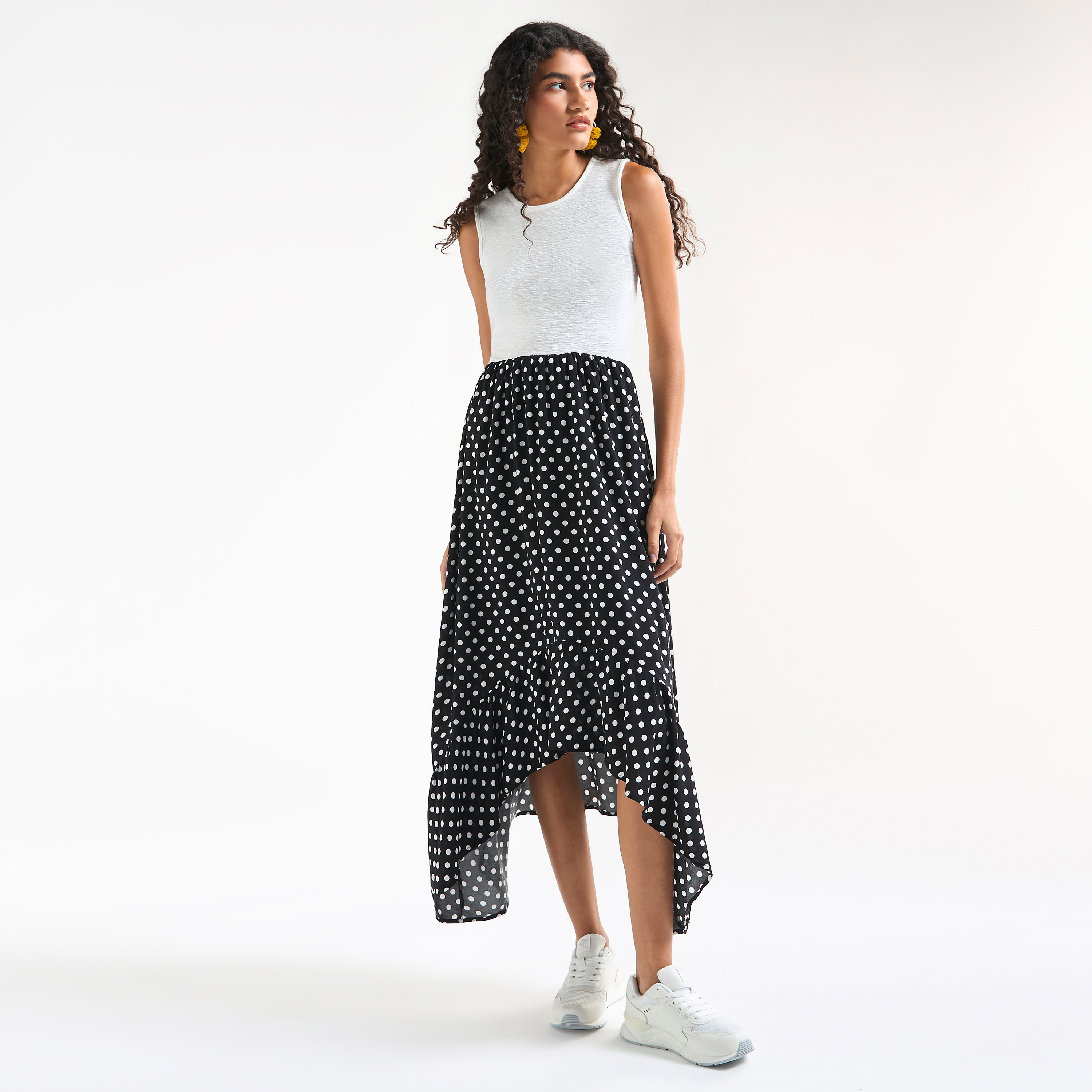 Buy Polka Dot Print Sleeveless Dress with Round Neck and Asymmetrical Hem Splash UAE