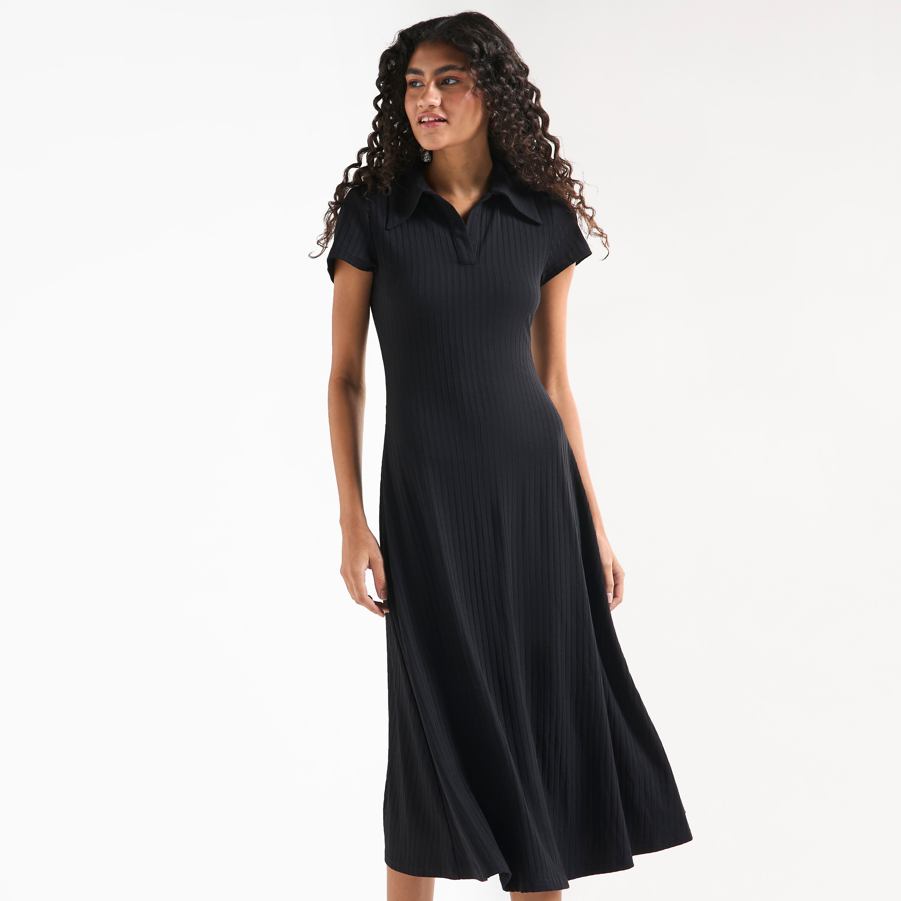 Shop Ribbed Midi T shirt Dress with Collar and Short Sleeves Online Splash UAE