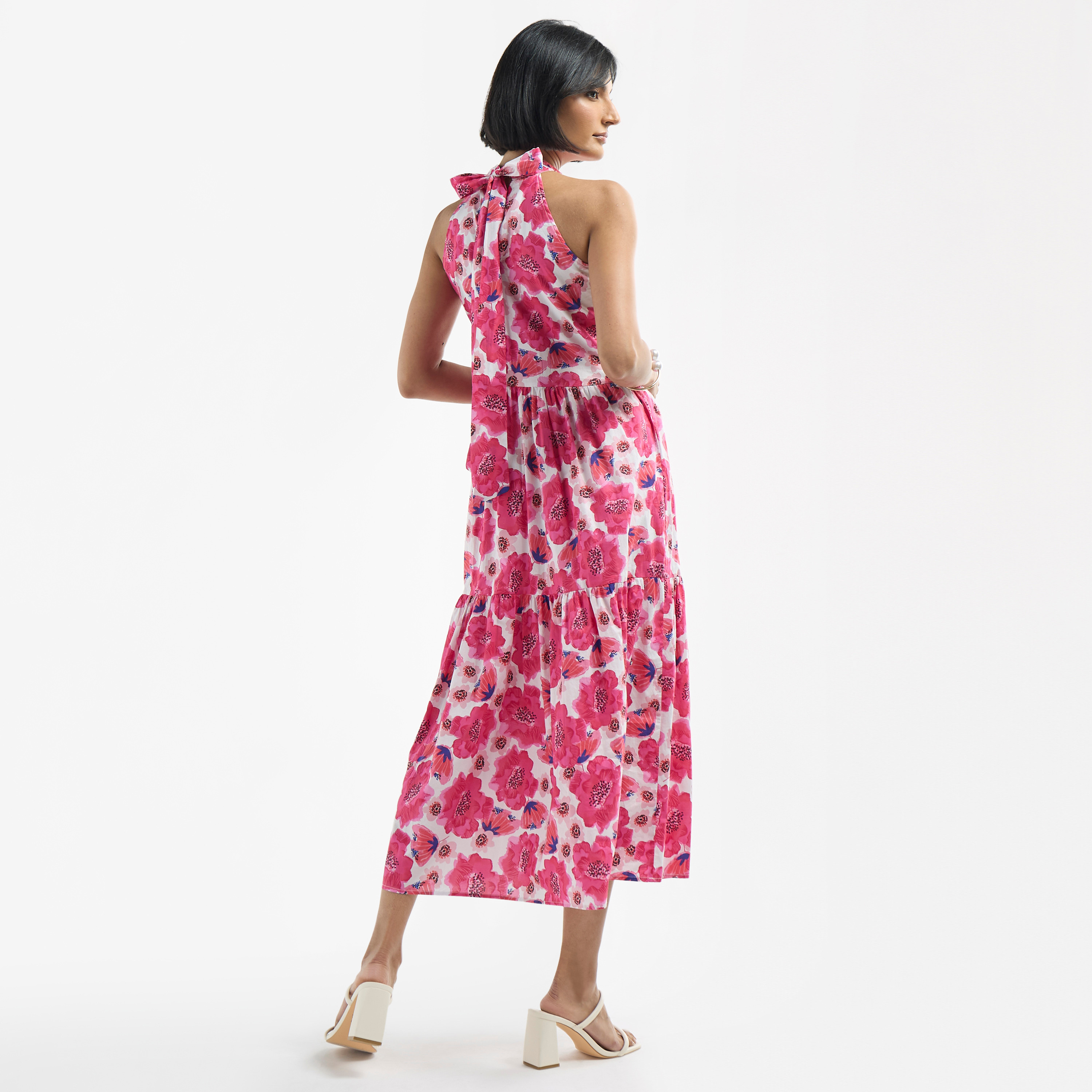 Shop All-Over Floral Print Halter Neck Tiered Dress with Tie