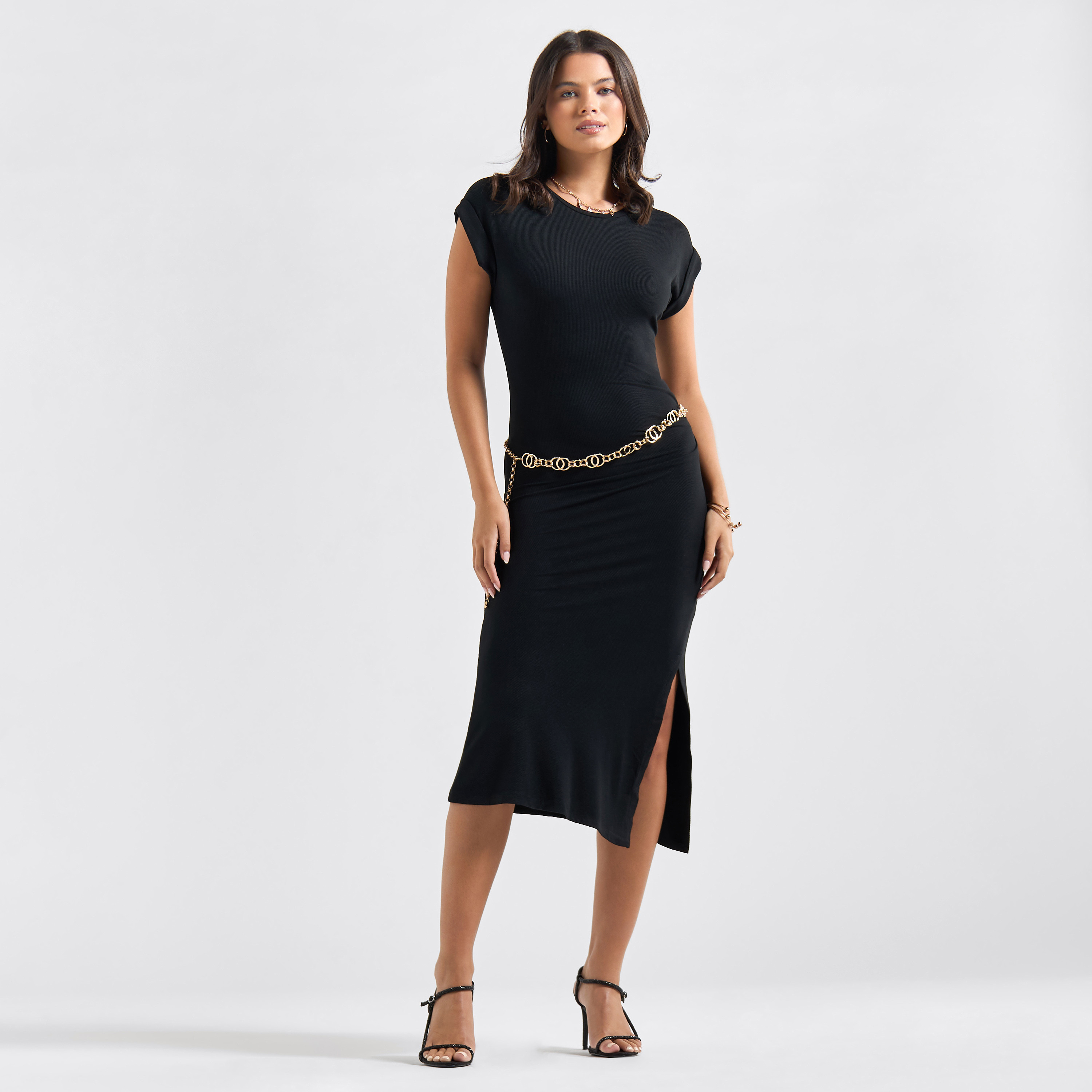 Shop Bodycon Midi Dress with Round Neck and Extended Sleeves