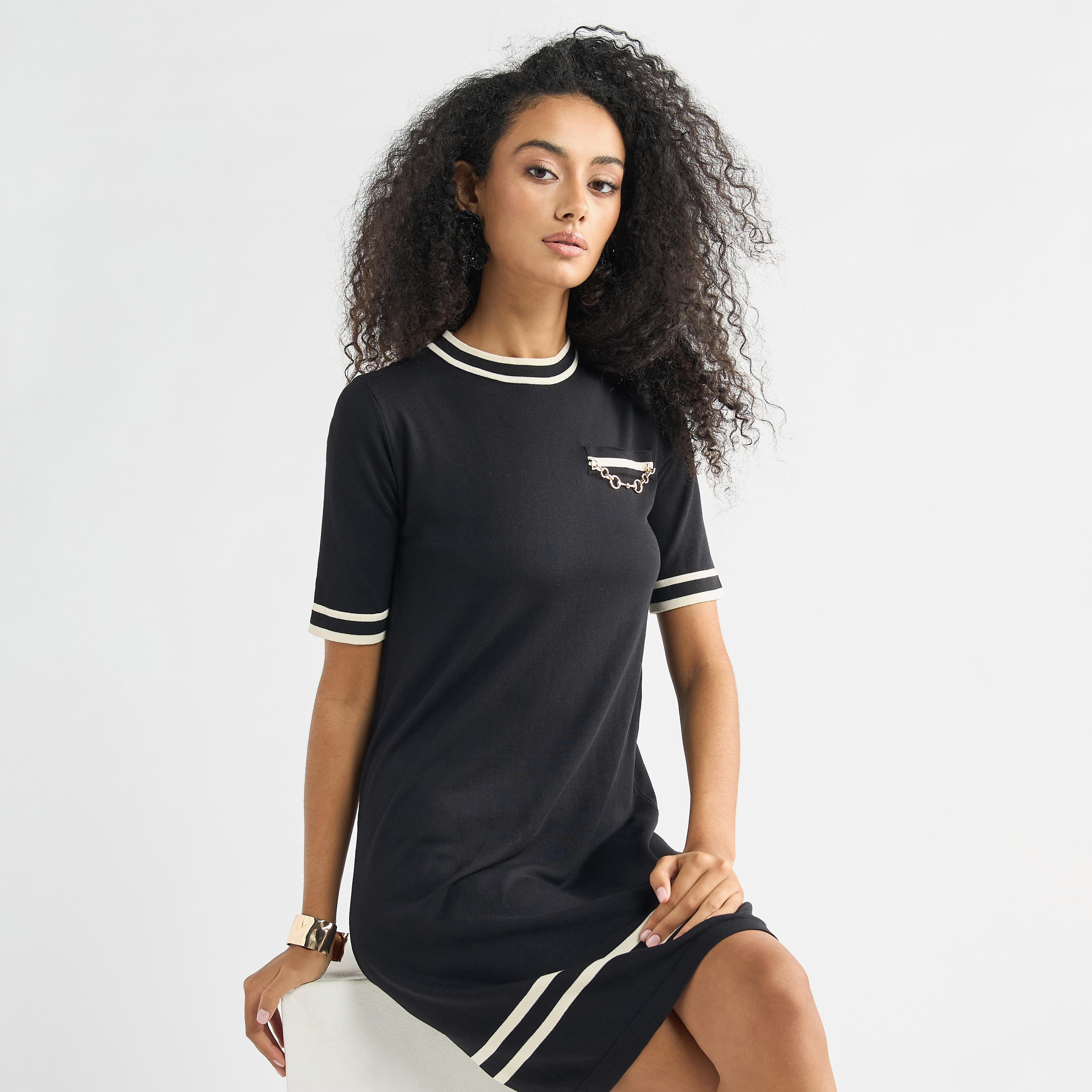 Striped Metallic Chain Accent Shift Dress with Round Neck and Short Sleeves-women-clothing-dresses-image-1