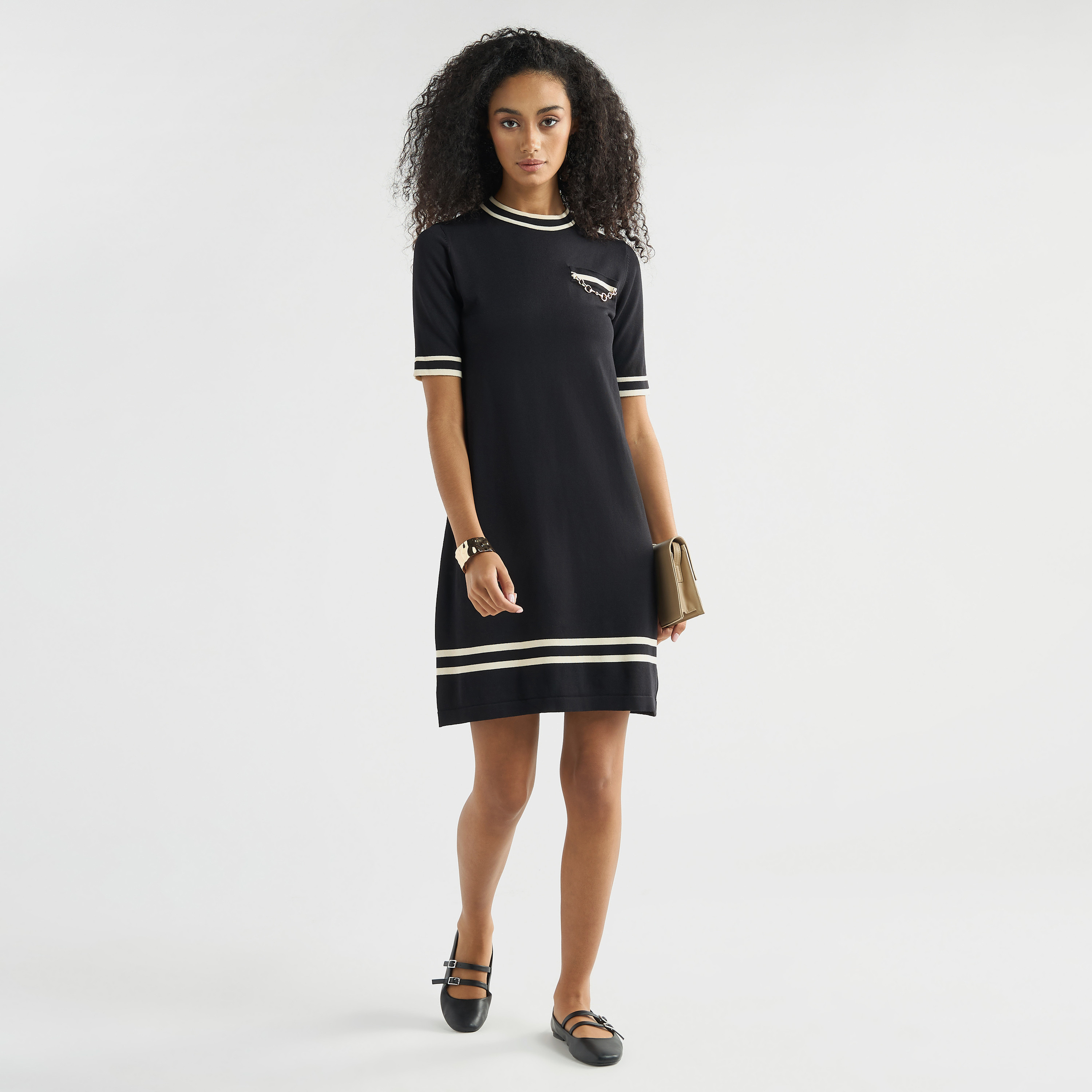 Striped Metallic Chain Accent Shift Dress with Round Neck and Short Sleeves-women-clothing-dresses-image-2