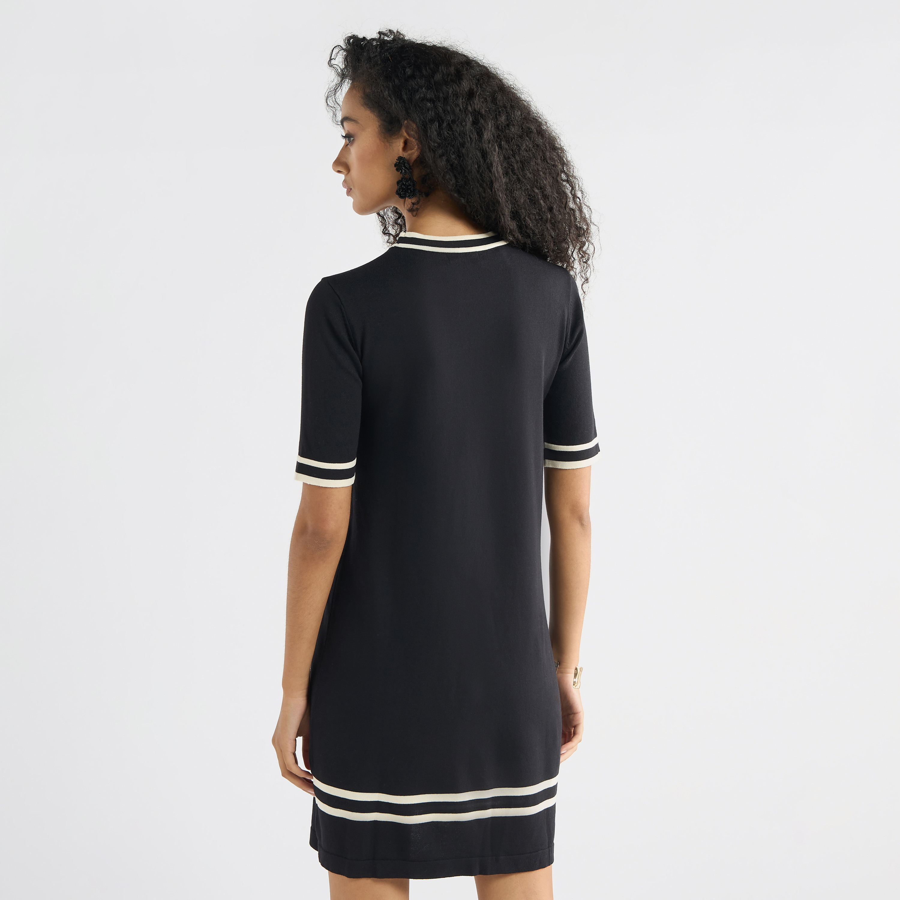 Striped Metallic Chain Accent Shift Dress with Round Neck and Short Sleeves-women-clothing-dresses-image-3